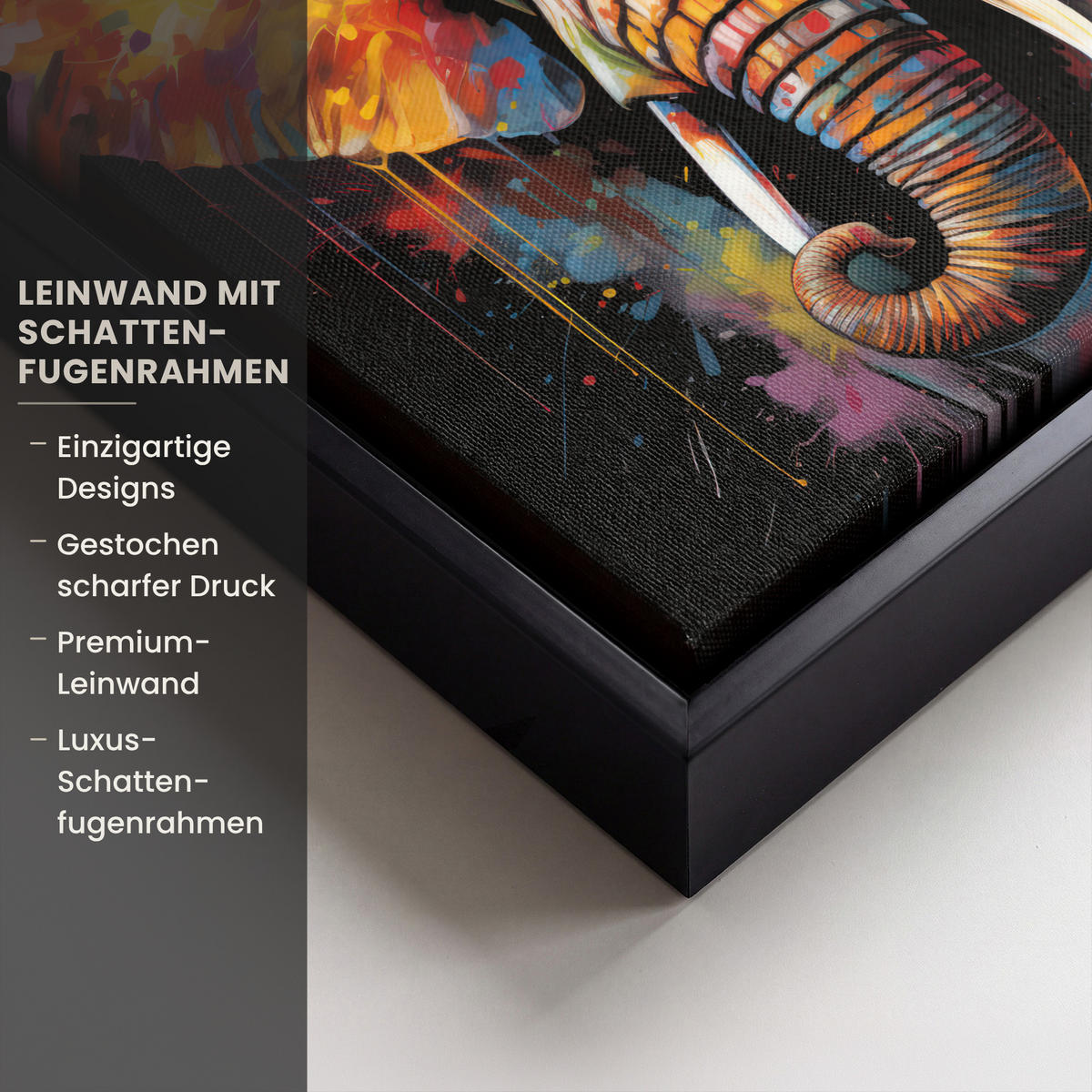 LEINWAND Bilder mit Rahmen - Elefant - Graffiti - Schwarz - Tiere - Farben - 20x20 - Schwarz, Textil (20/20cm) - MuchoWow