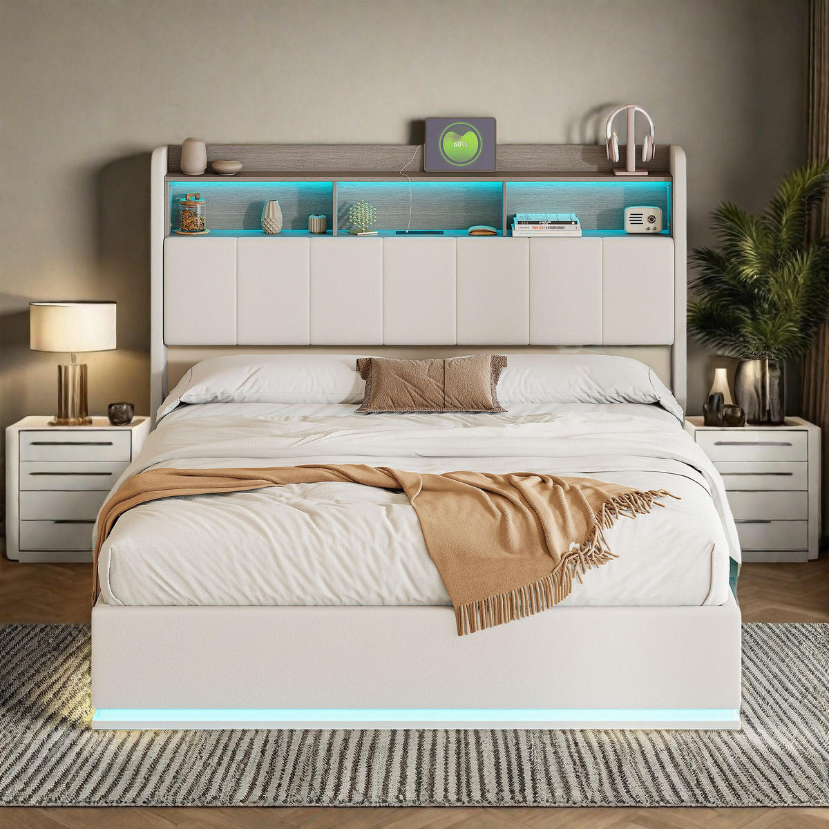 POLSTERBETT 140/190 cm Weiß mit LED-Beleuchtung und USB-Anschlüssen - Weiß, Holz (140/190cm) - SHOPENTRA