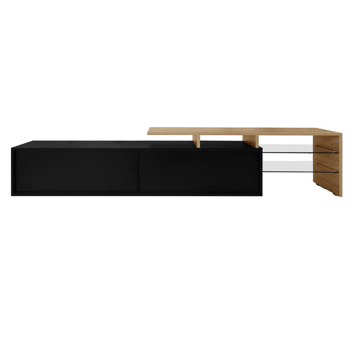 TV-SCHRANK Modern Hochglanzschwarz Holzoptik Glasböden LED-Beleuchtung - Schwarz, Holz (42.19/18.42/143cm) - FLIEKS