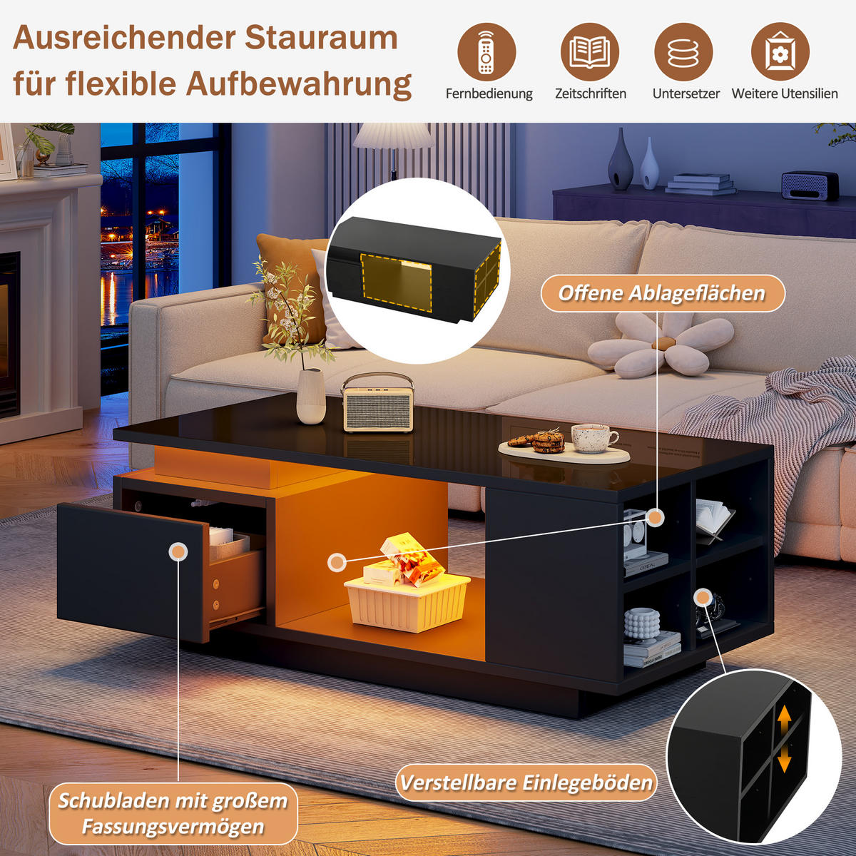 COUCHTISCH 100/50/36 cm Schwarz mit LED-Beleuchtung Hochglanz mit Schublade - Schwarz, Holzwerkstoff (100/50/36cm) - OKWISH
