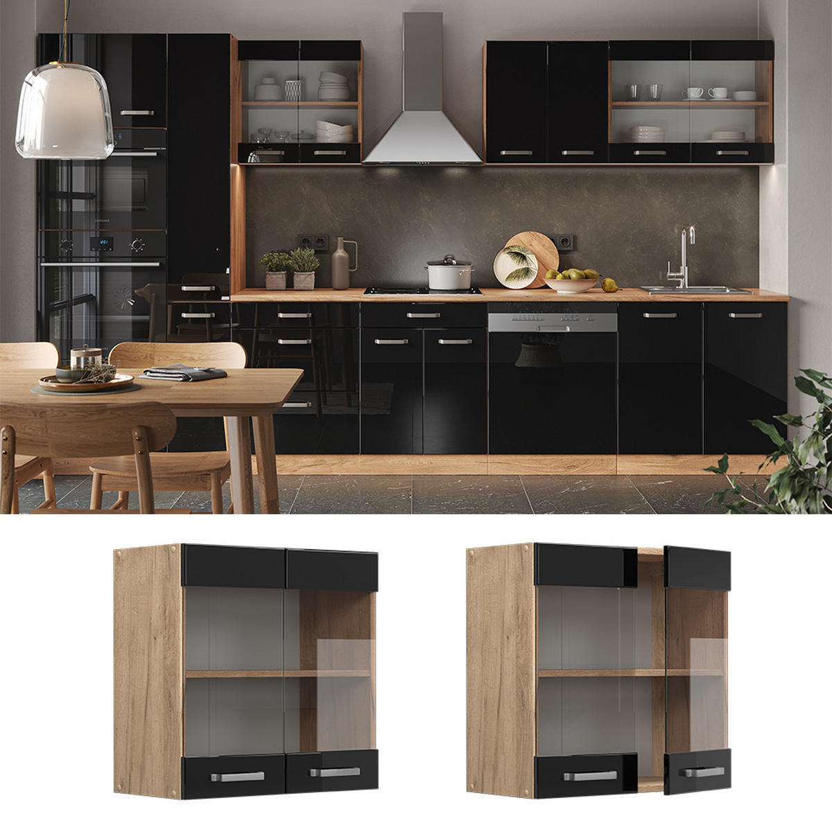 KÜCHENGLASSCHRANK R-Line Schwarz Hochglanz 60 cm - Honigeiche/Schwarz Hochglanz, Holzwerkstoff (60/60/31cm) - Vicco