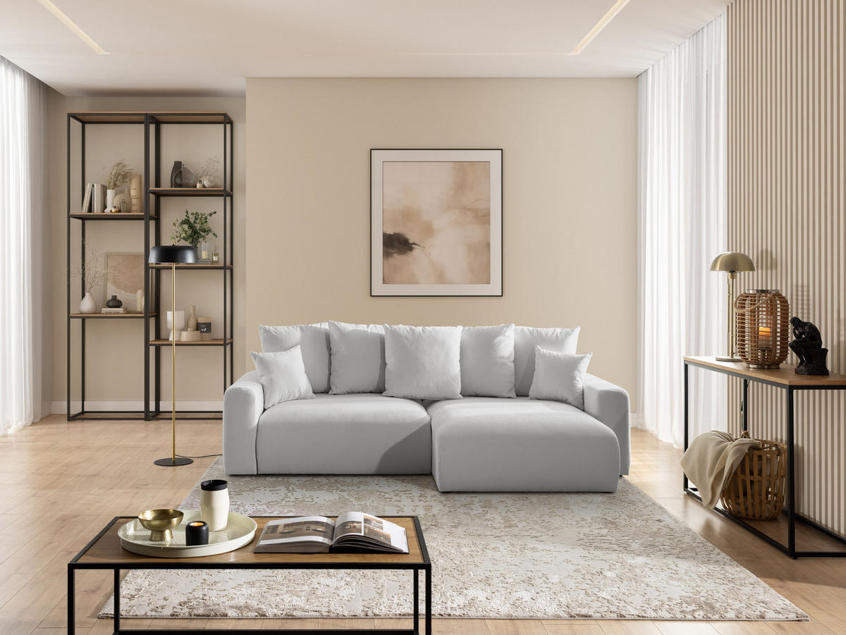 ECKSOFA Calma mit Schlaffunktion und Bettkasten im Bumpy-Design aus weichem Grau Webstoff - Ottomane rechts - Schwarz/Grau, Holz/Kunststoff (140/239cm) - S-Style