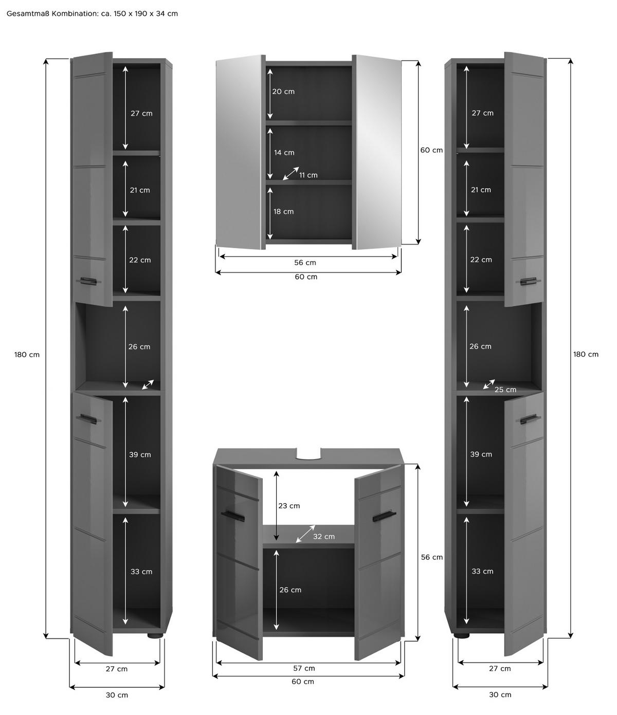 BADMÖBEL-SET grau Hochglanz 4-teilig, Komplettset mit Soft-Close - Grau, Glas/Holzwerkstoff (150/190/34cm) - Inn.Furn