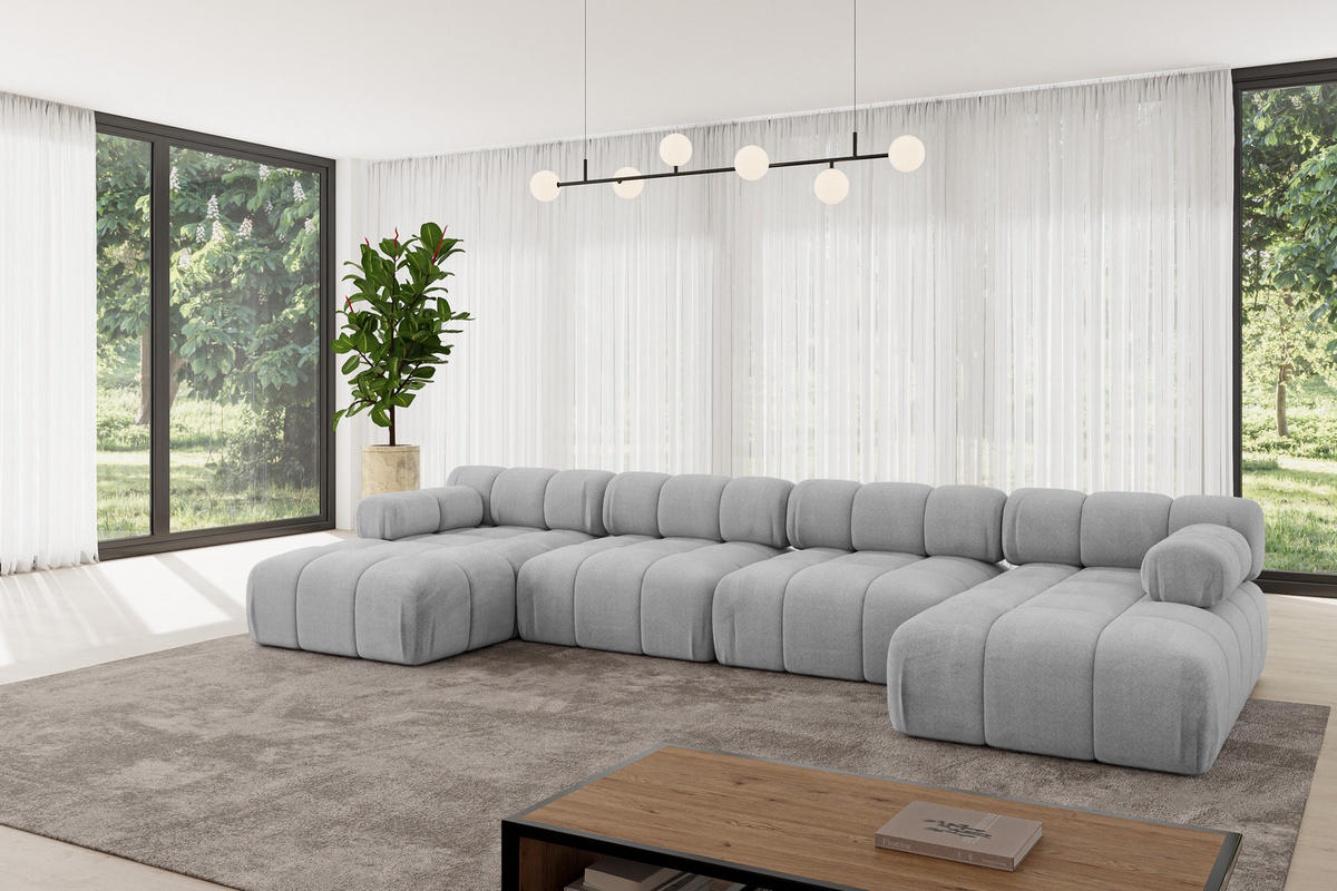 WOHNLANDSCHAFT modulares Sofa Tesso-U2 - 380x160x70 cm Hellgrau Velours - Hellgrau, Holzwerkstoff/Textil (380/70/160cm) - ALTDECOR