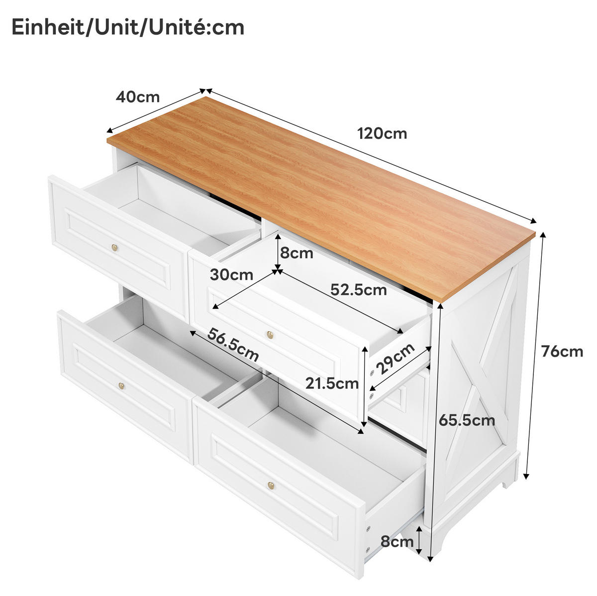 SIDEBOARD 120/40/76 cm aus MDF und Holzwerkstoff mit 6 Schubladen im Landhausstil Weiß/Natur - Weiß, Holzwerkstoff (120/76/40cm) - Modenvie