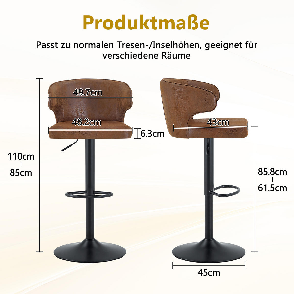 BARHOCKER 2er-Set höhenverstellbar, drehbar, mit Lehne, Braun - Braun, Metall (45/110/49.7cm) - Meubliv
