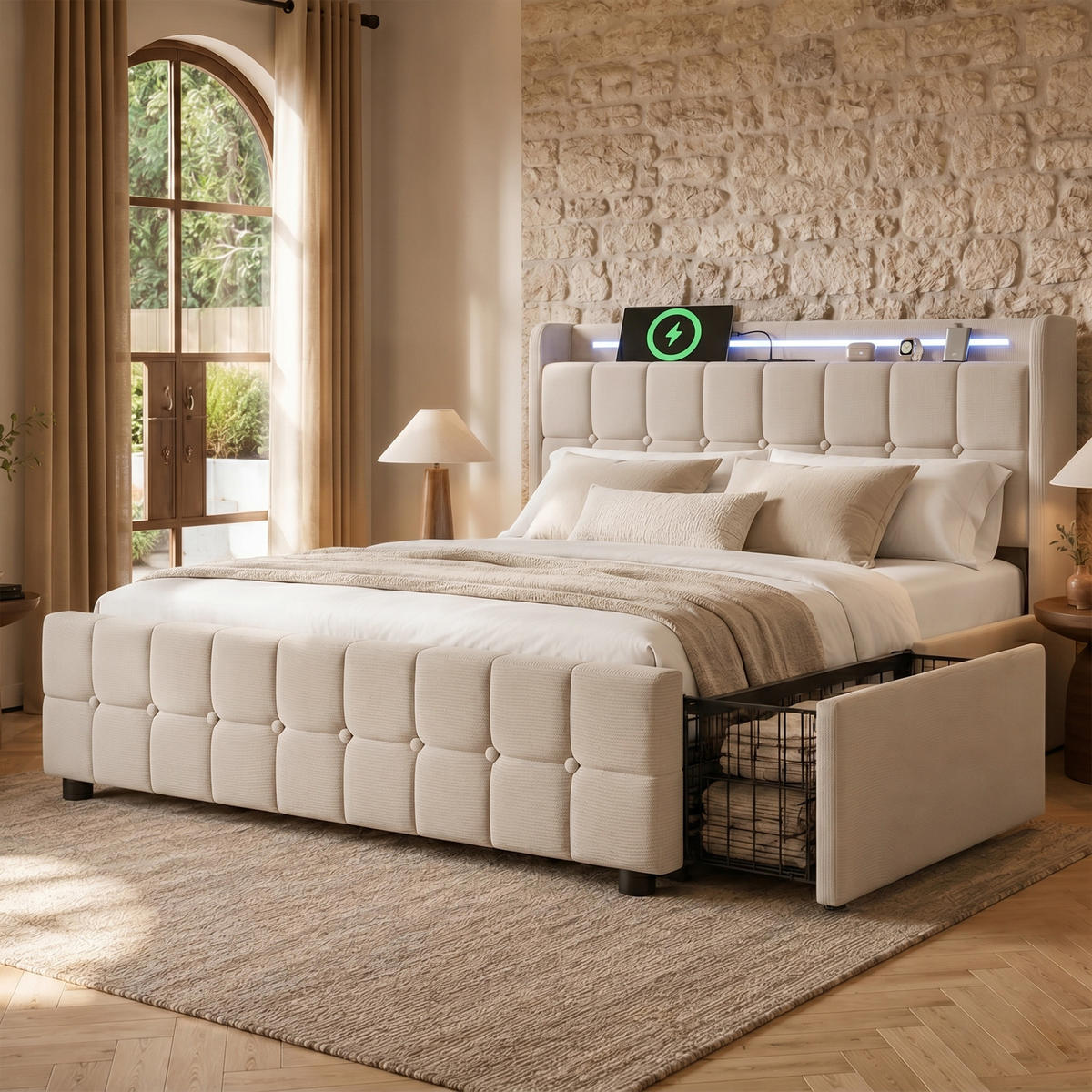 POLSTERBETT 140x200 Beige LED USB 4 Schubladen Holz - Beige, Holz (140/200cm) - FLIEKS