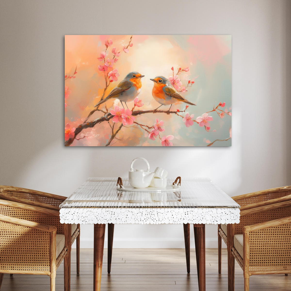 LEINWANDBILD Rotkehlchen - Zierpflanze - Blütenzweig Wohnzimmer 120x80 cm - Hellrosa, Textil (120/80cm) - MuchoWow