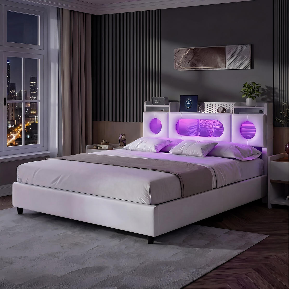 POLSTERBETT 140x200 cm Weiß mit Kopfteil Stauraum und Ladefunktion Kunstleder - Weiß, Holz/Metall (140/200cm) - PARAFTA HOME