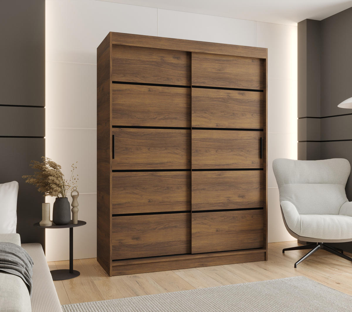 ŠATNÍ skříň s posuvnými dveřmi 200/150/62 2dveřová - černá/hnědá, dřevo/plast (150/200/62cm)