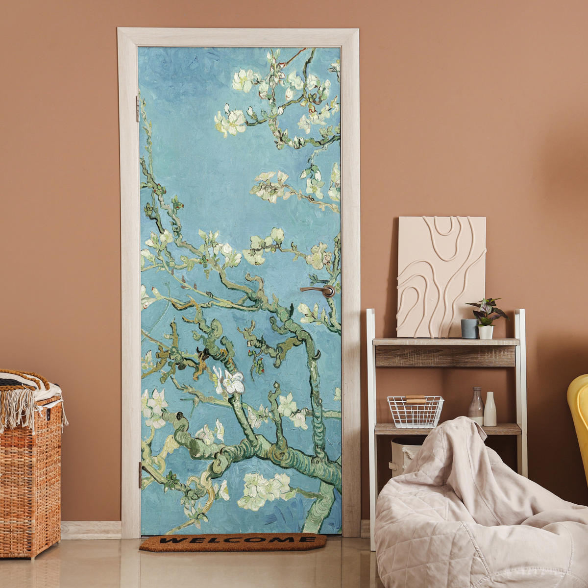 TÜRAUFKLEBER Mandelblüte - Van Gogh - Kunst 90x215 cm - Türtapete - Pastellblau, Kunststoff (90/0.1cm) - MuchoWow