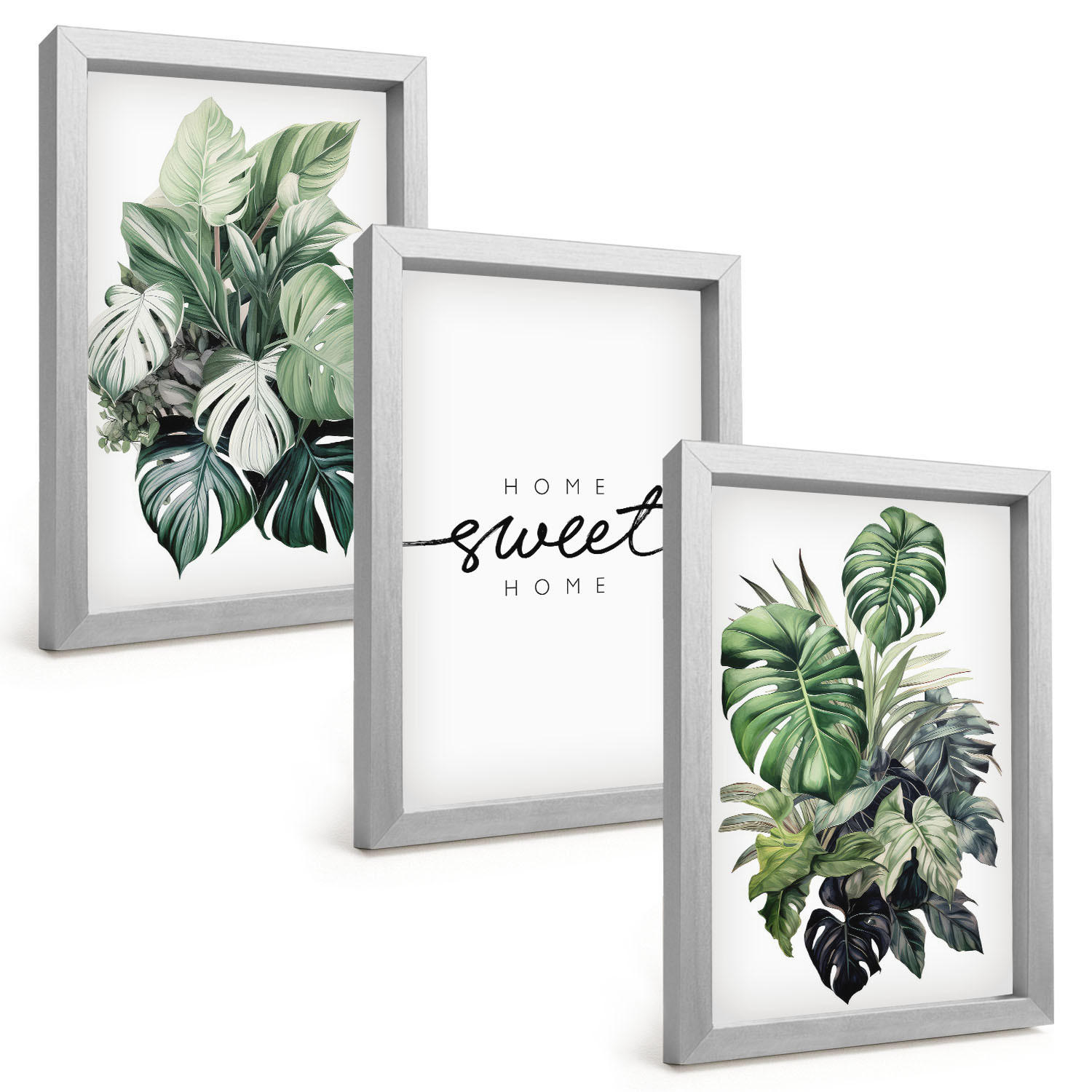 BILDER SET 3er Set - 20x30 cm Silberner Rahmen - Pflanzen mit der Aufschrift „Sweet Home“ - Silberfarben, Kunststoff (20/30cm) - TULUP