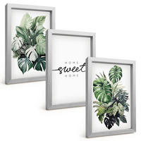 BILDER SET 3er Set - 20x30 cm Silberner Rahmen - Pflanzen mit der Aufschrift „Sweet Home“ - Silberfarben, Kunststoff (20/30cm) - TULUP