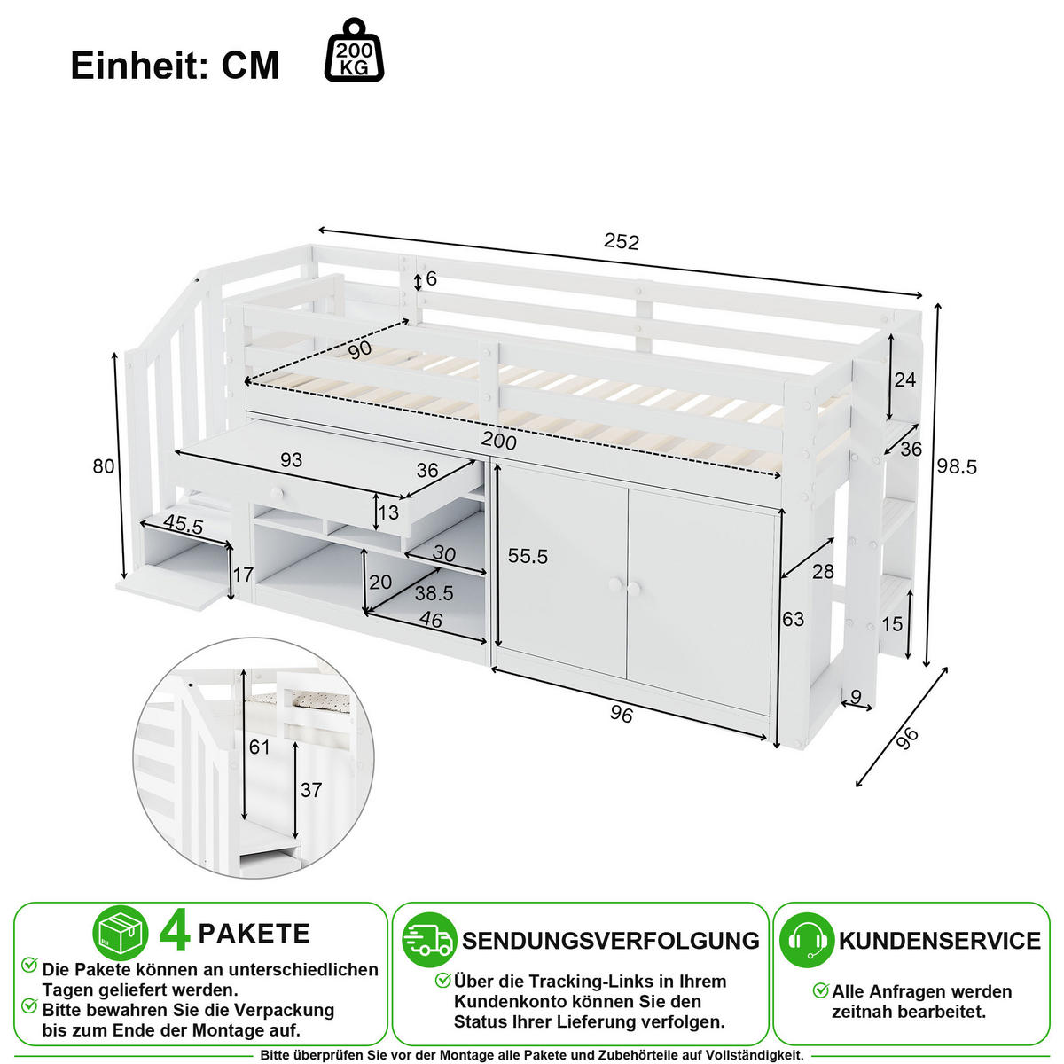 KINDERBETT 90/200 cm in Weiß mit Treppe, Stauraum und Schreibtisch Massivholz - Weiß, Holz/Holzwerkstoff (90/200cm) - CHICFURN