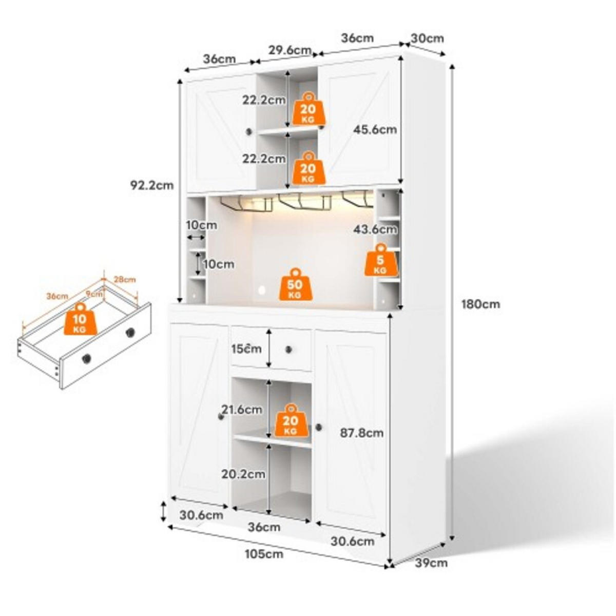KÜCHENSCHRANK weiß aus MDF mit App-LED, integriertem Strommodul und Weinfächern 105 × 40 × 180 cm - Weiß, Holzwerkstoff (105/180/40cm) - Luhomfu