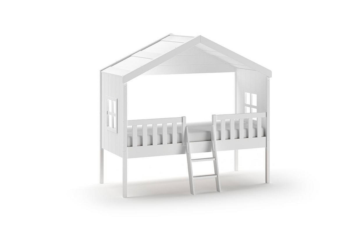 HAUSBETT mit Leiter Katine 213x202x120 aus Massivholz+MDF in Weiß - Weiß, Holz (90/200cm) - 58aufmkessel