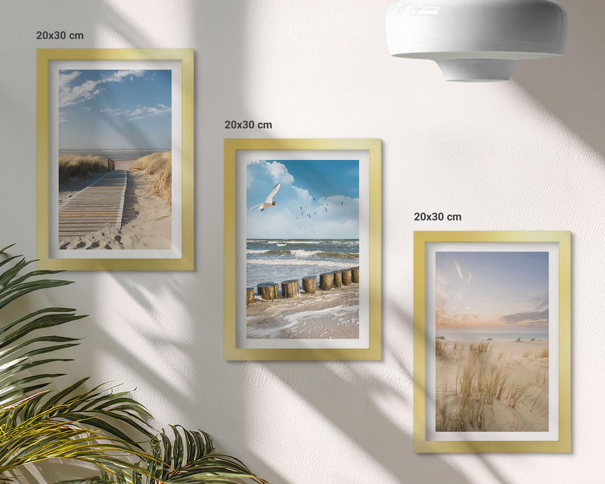 BILDER SET 3er Set - 20x30 cm Goldrahmen - Strand, Sand, Wellen, Himmel, Vögel - Goldfarben, Kunststoff (20/30cm) - TULUP