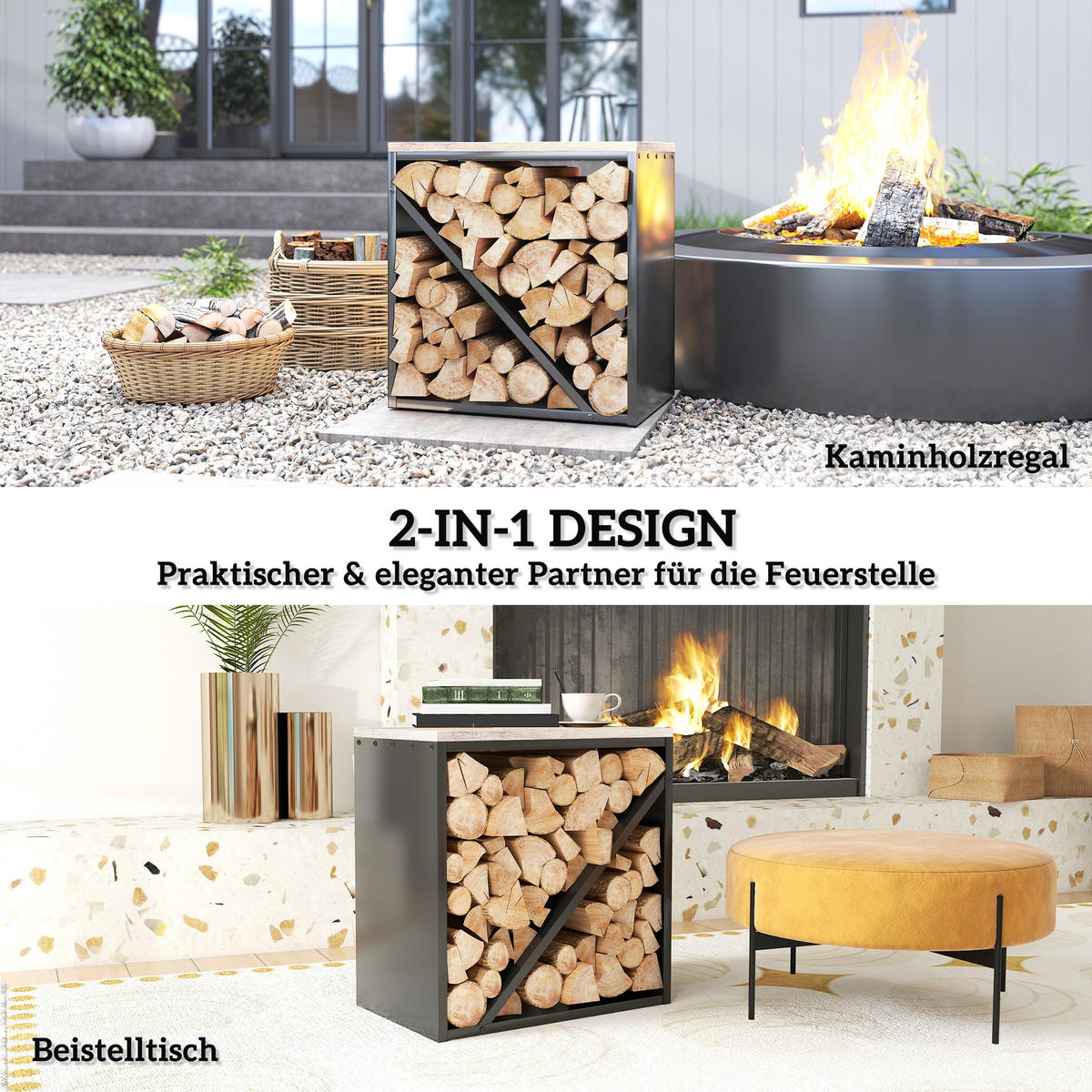 KAMINHOLZREGAL 2-in-1 für innen 58 x 36 x 60cm Brennholzregal Metall - Schwarz, Metall (36/60/58cm) - Outsunny
