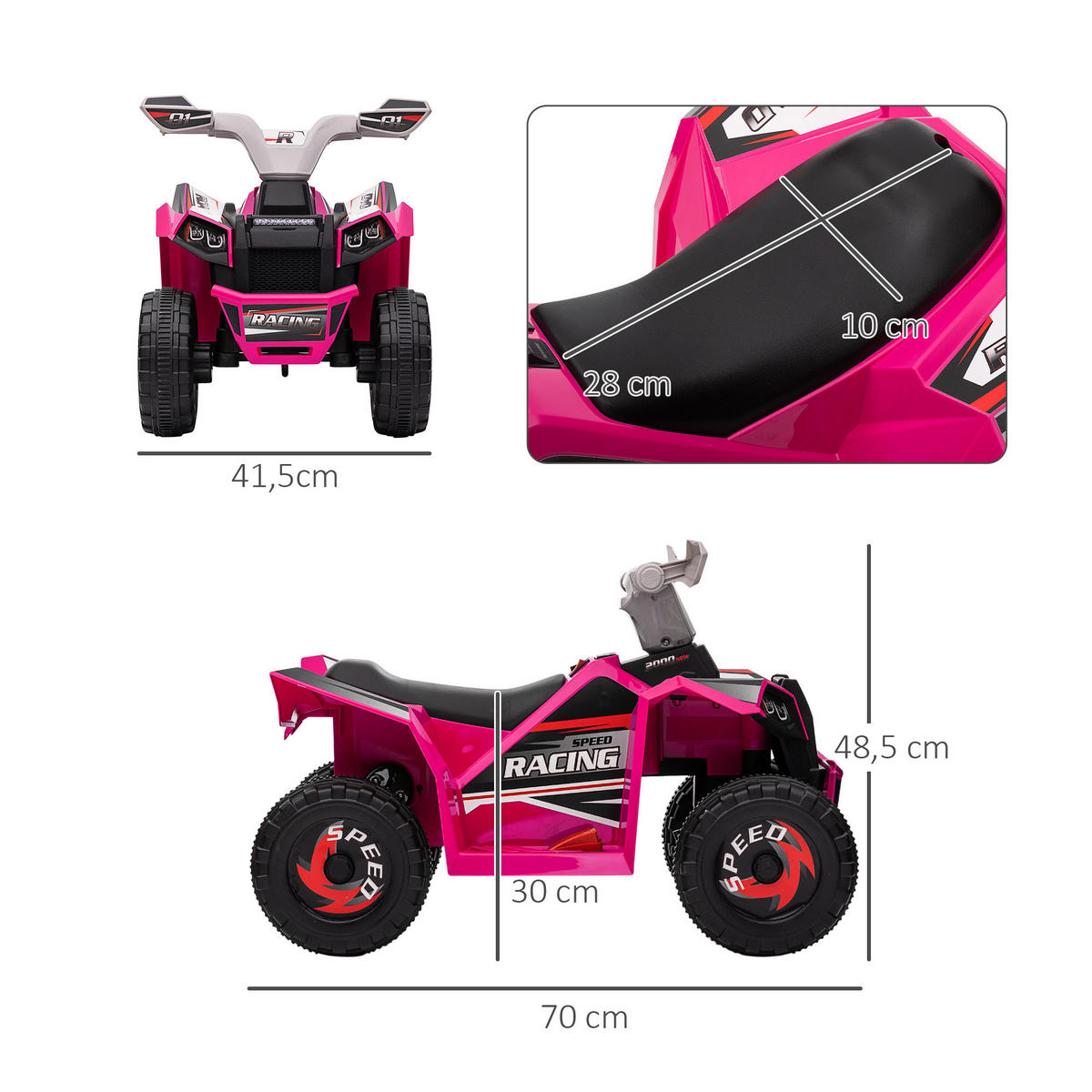 MINI ELEKTRO-QUAD KINDER, Blau/Rosa/Weiß, Kunststoff+ Metall - Rosa, Metall (70/41.5/48.5cm) - HOMCOM