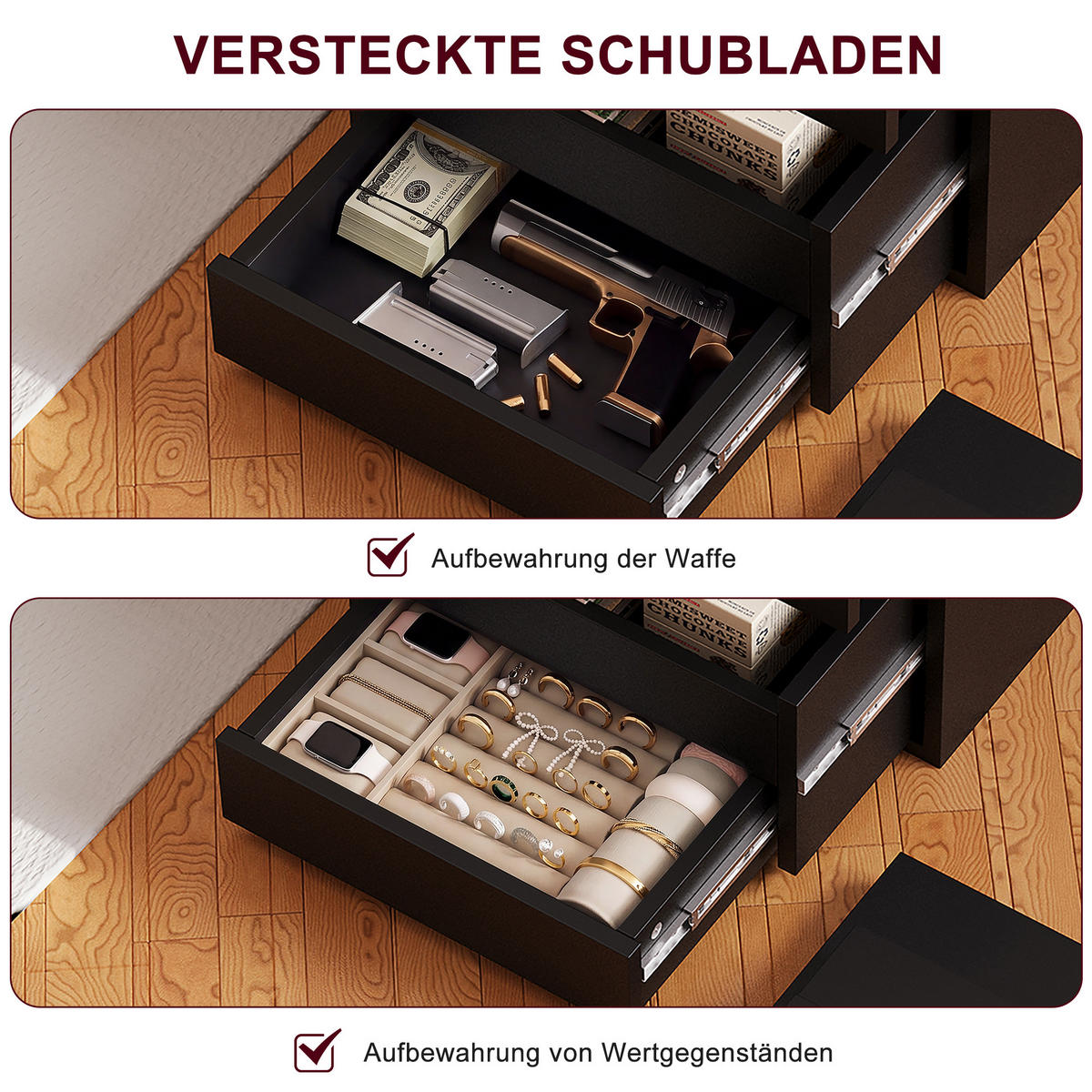NACHTTISCH Schwarz mit LED-System, Steckdose, 2 Schubladen und Geheimfach - Schwarz, Holz (40/60/40cm) - PARAFTA HOME