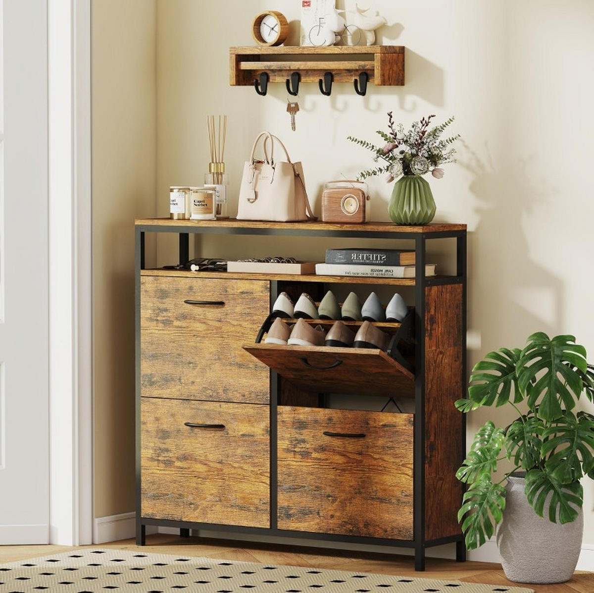 SCHUHSCHRANK mit 4 Klappschubladen 98 x 24 x 95 cm Holzoptik Braun - Braun, Holz (24/95/98cm) - Beauniv