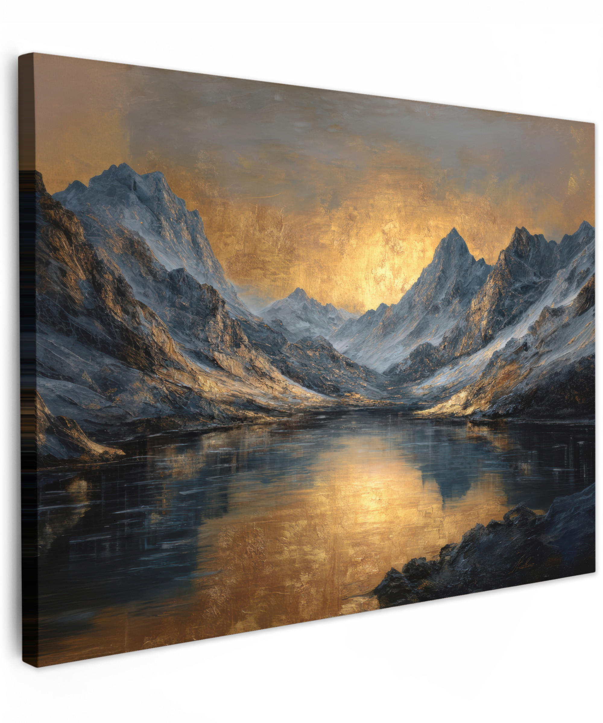 LEINWANDBILD Bergkulisse mit goldenem Sonnenuntergang Wandbild 40x30 cm - Goldfarben, Textil (40/30cm) - MuchoWow