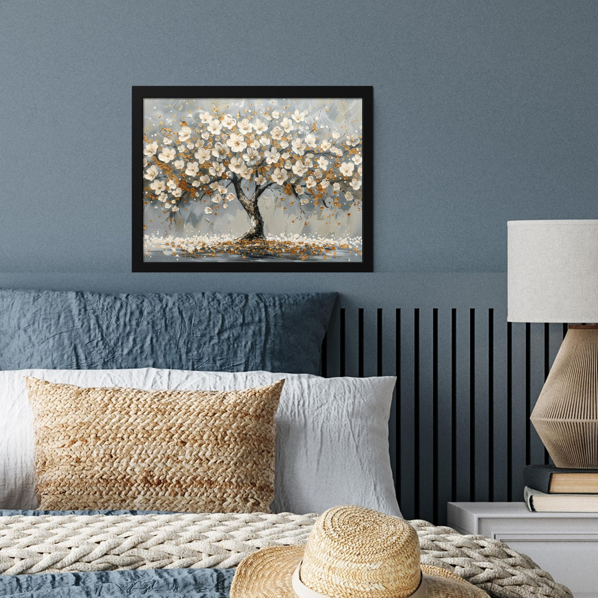 POSTER MIT RAHMEN Baum - Blumen - Weiß - Natur - Kunst 40x30 cm - Weiß, Papier (40/30cm) - MuchoWow