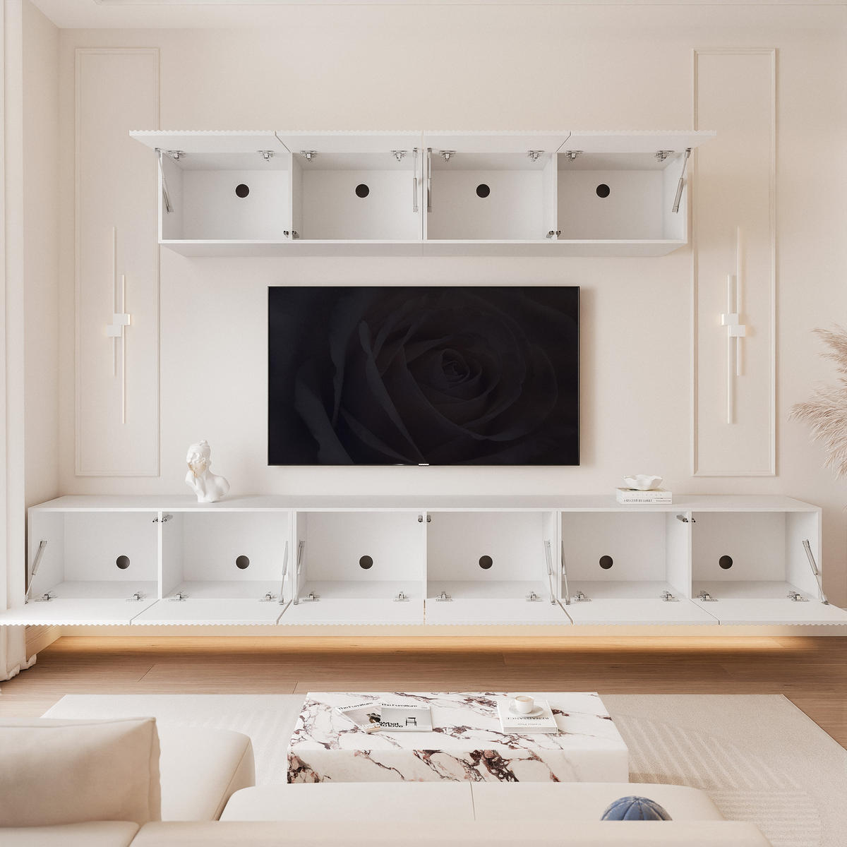 WOHNWAND ANGEL IV Mattweiß hängend mit LED-Beleuchtung 300 cm - Weiß, Holzwerkstoff (300/36/40cm) - Idohome