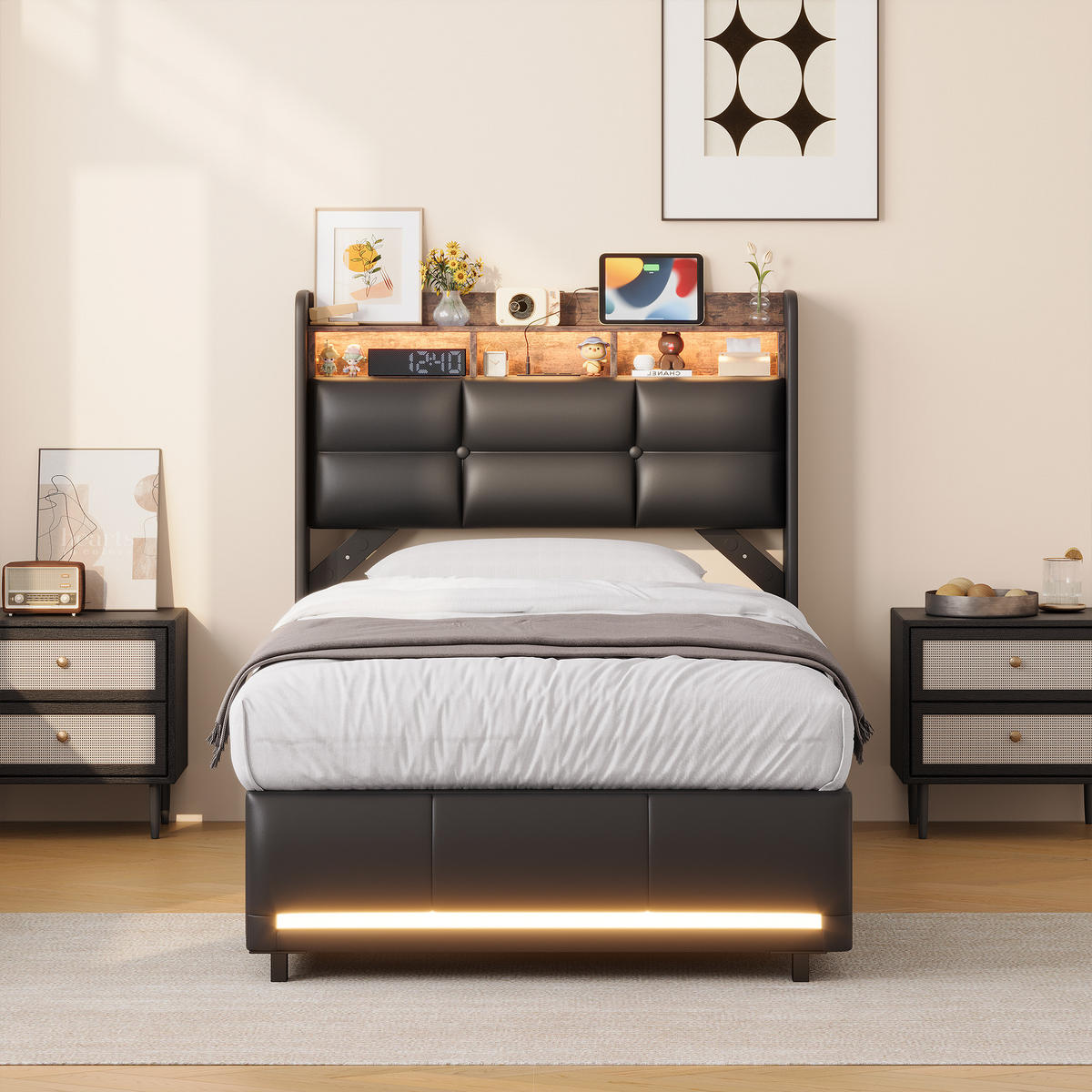 POLSTERBETT 90x200 cm PU mit RGB-LED, Stauraum und Ladefunktion - Schwarz, Holz (90/200cm) - SHOPENTRA