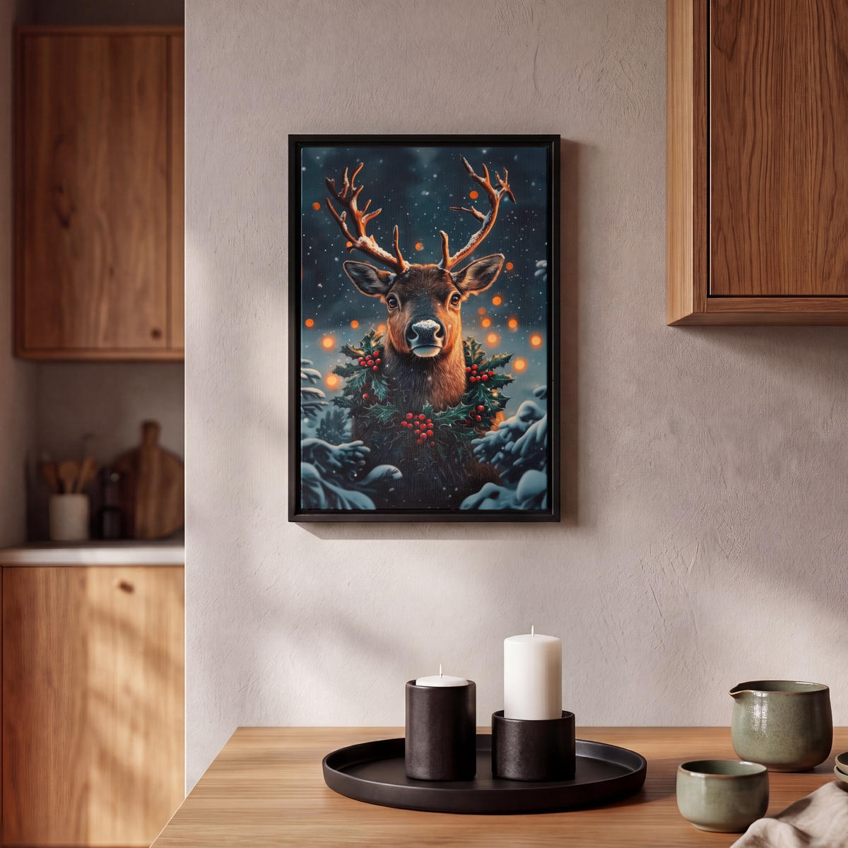 LEINWAND Bilder mit Rahmen - Hirsch - Weihnachten - Winter - Schnee - Weihnachtskranz - 20x30 - Dunkelbraun, Textil (20/30cm) - MuchoWow