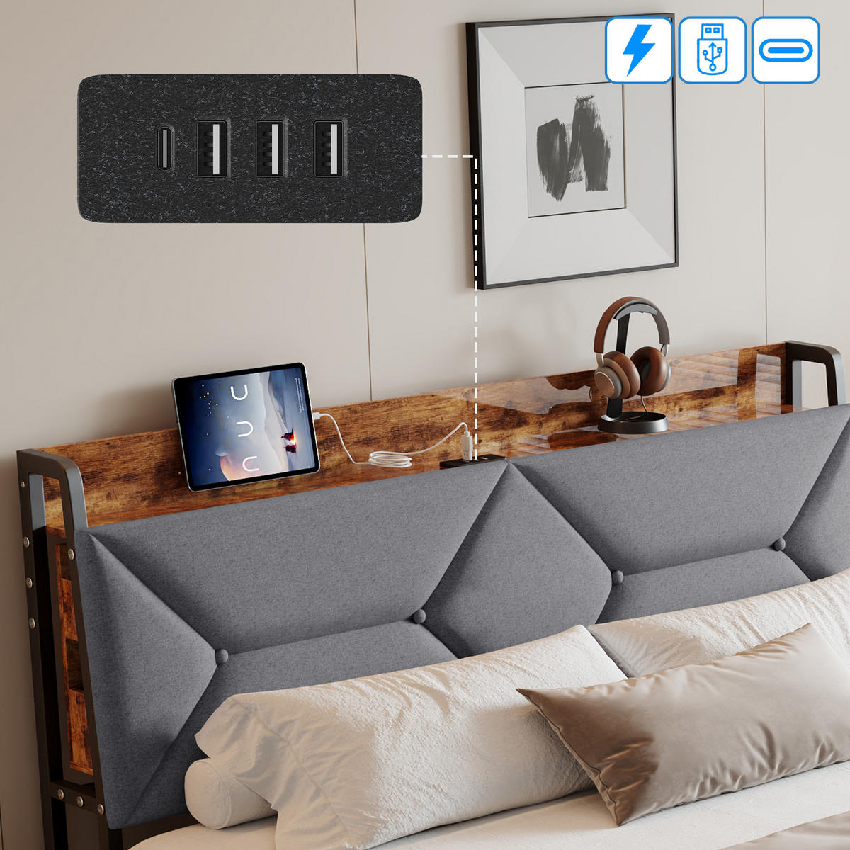 POLSTERBETT 140/200 cm mit beidseitigen Stauraumschubladen, separate Holz-Wandablagen mit USB-Anschluss, grauer Leinenoptik-Bezug - Grau, Holz/Metall (140/200cm) - Joyfair