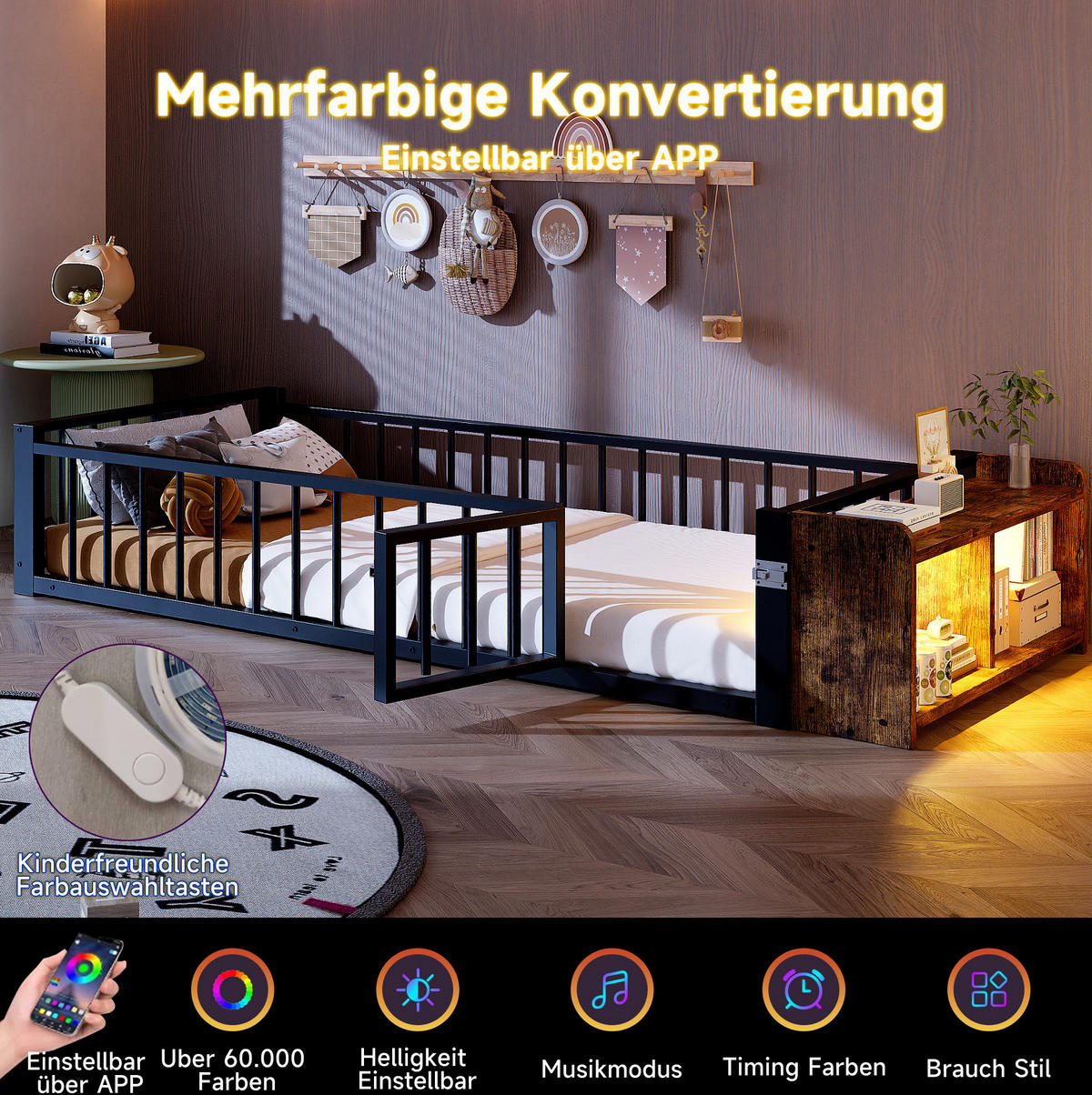 KINDERBETT 90/200 cm, Schwarz mit Schutzgeländer und LED, ohne Matratze - Schwarz, Metall (90/200cm) - MIVRAY
