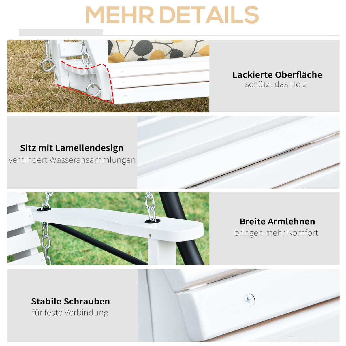 HÄNGEBANK 2-3 Personen Tannenholz Patio 150 x 75 x 53 cm Weiß - Weiß, Holz (75/53/150cm) - Outsunny