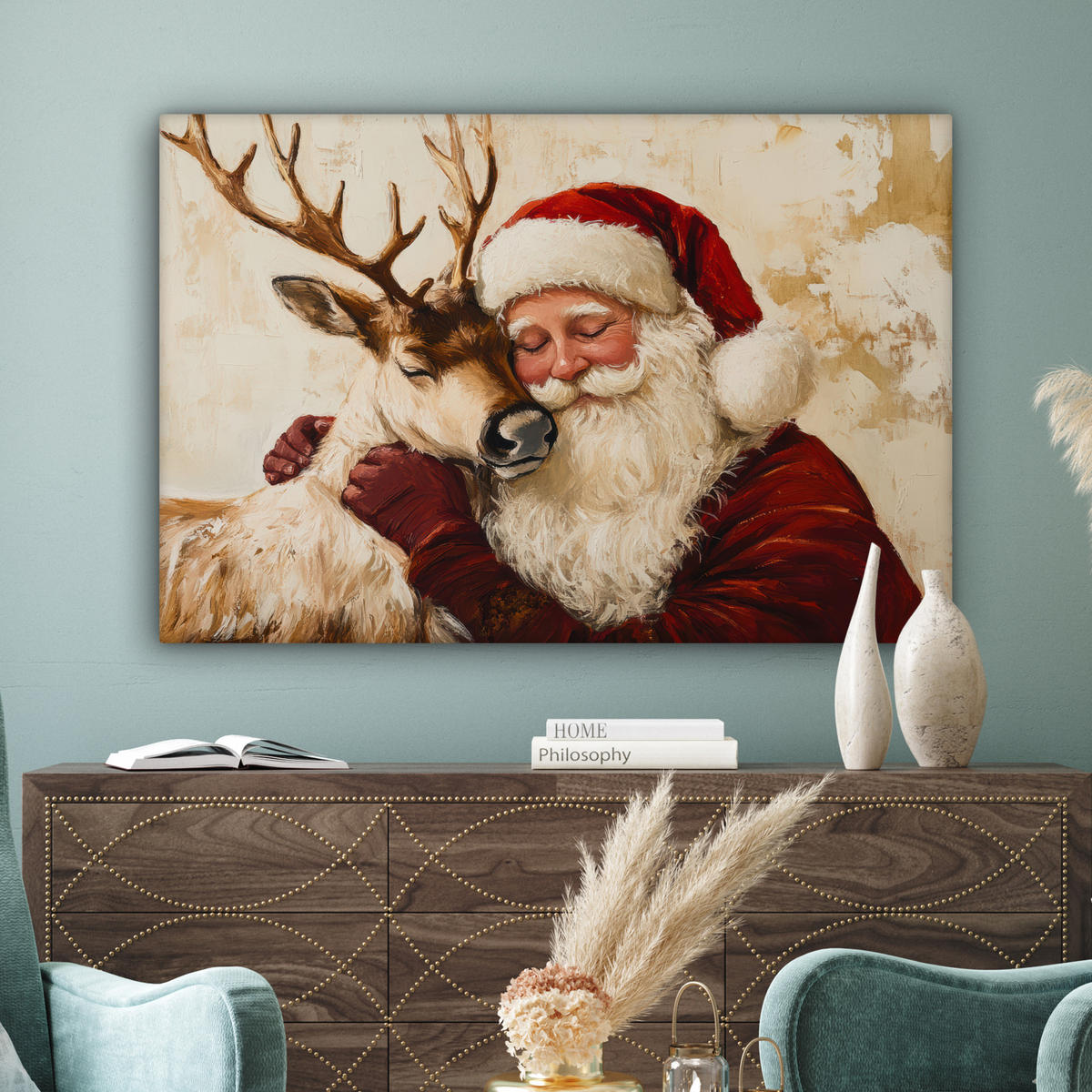 LEINWANDBILD Weihnachtsmann - Rentier - Weihnachten Wohnzimmer Groß 120x80 cm - Rotbraun, Textil (120/80cm) - MuchoWow
