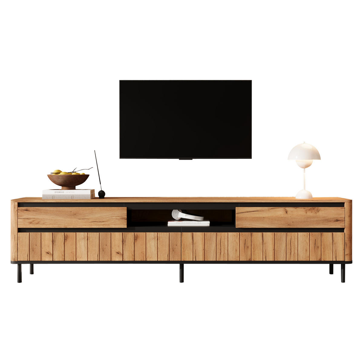 TV‑LOWBOARD in Eichenoptik mit Lamellenfront und Metallfüßen 180 × 40 × 52 cm - Eichefarben, Holzwerkstoff (180/52/40cm) - Luhomfu