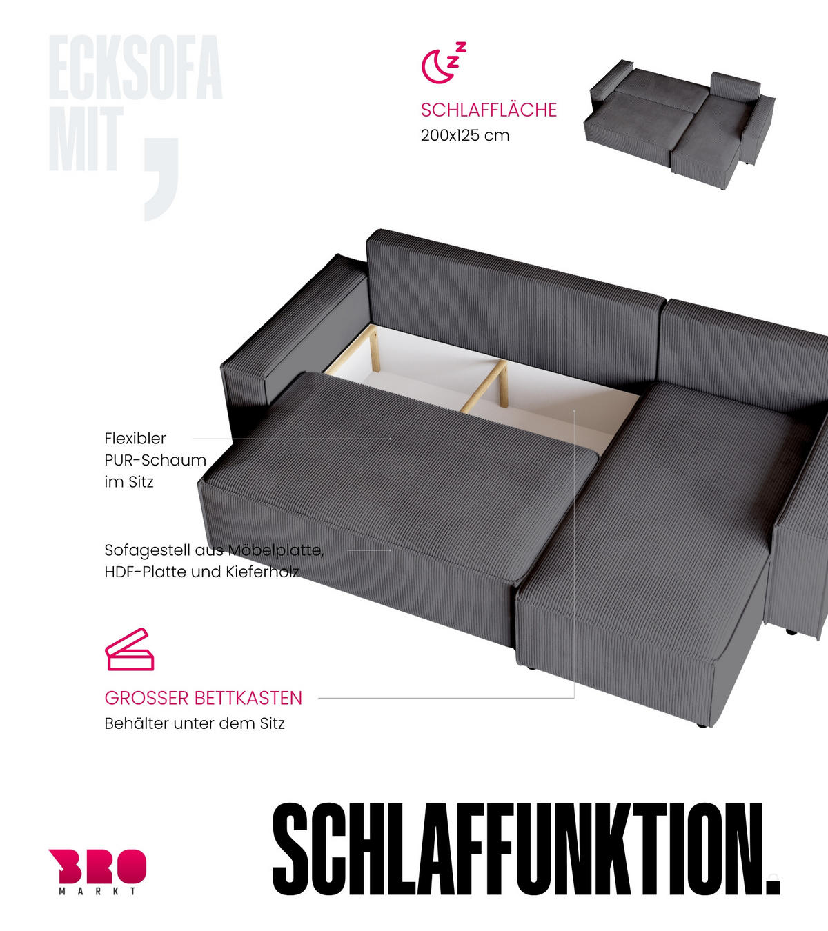 ECKSOFA ADI mit Schlaffunktion Hellgrau Cord - Hellgrau, Textil (244/143cm) - Bromarkt