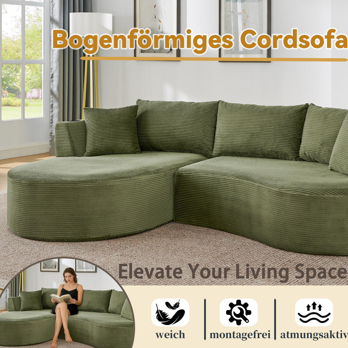 3-SITZER-SOFA mit Getränkehaltern, Kissen und bogenförmigem Design aus Kordstoff und Schaumstoff, Grün - Grün, Kunststoff (264/76/168cm) - Redom