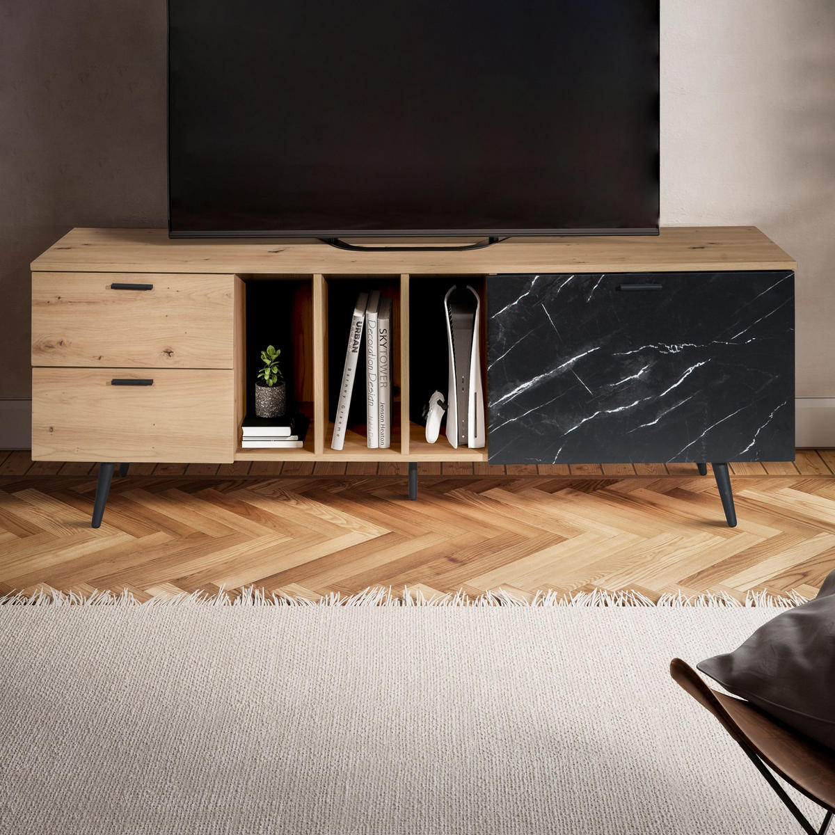 TV-LOWBOARD mit Eiche-Dekor, Tür und Schubladen, kompakte Aufteilung, Braun-Schwarz/Marmoroptik 150x40x55 cm - Schwarz/Braun, Holzwerkstoff/Metall (150/55/40cm) - KADIMA DESIGN