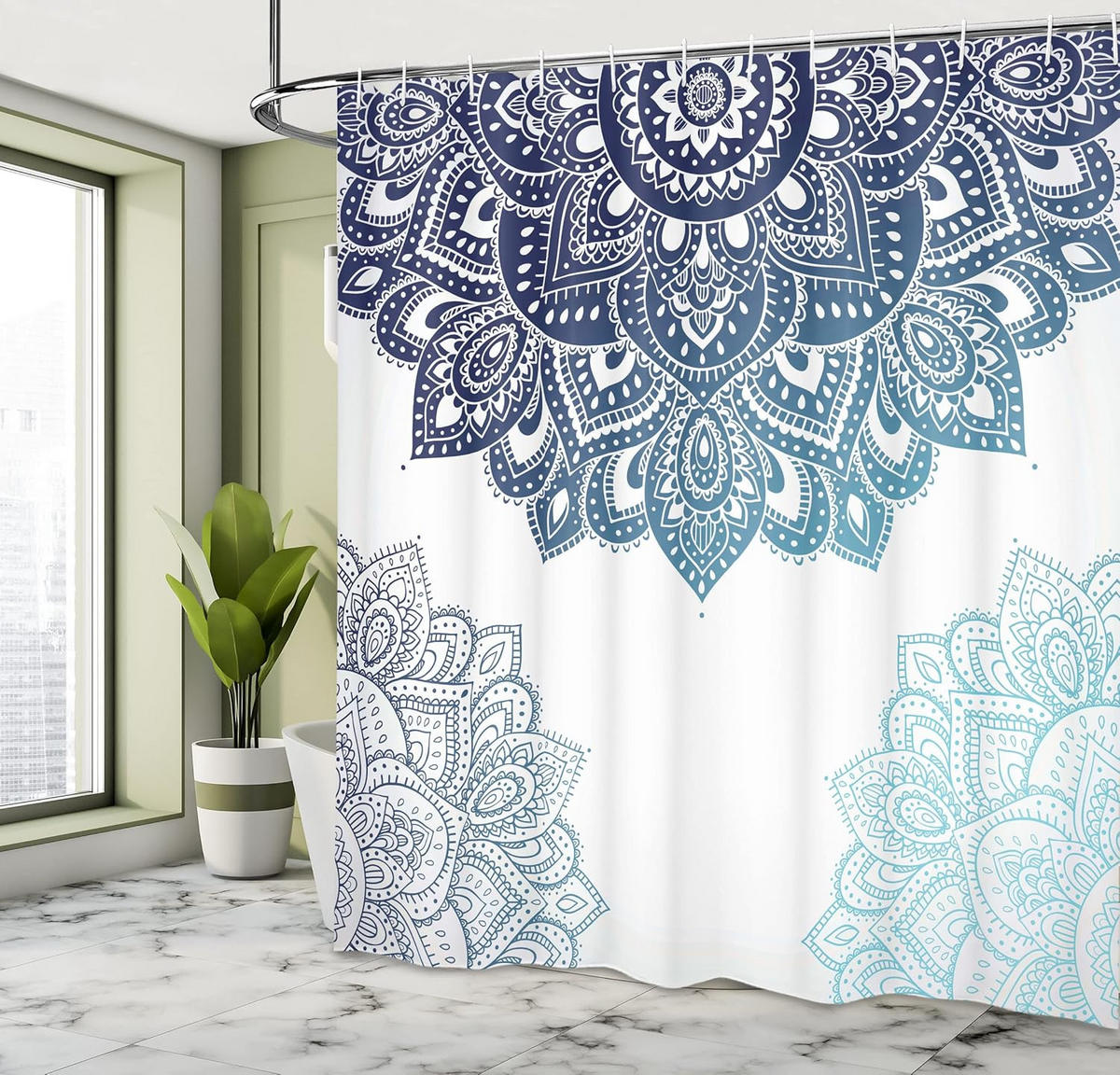DUSCHVORHANG bunt Stoff Set Dekor Badezimmer mit Haken Blau Dunkelblau - Blau, Textil (180/180cm) - MCBOSON