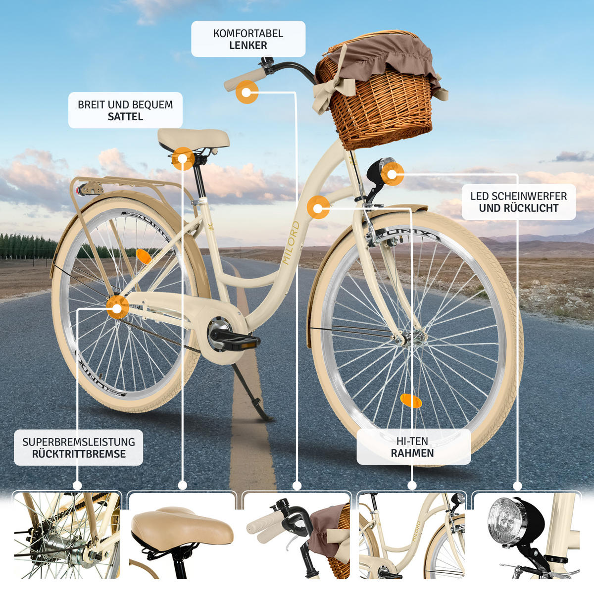 CITY-FAHRRAD Milord mit Weidenkorb, 28 Zoll, Creme-Braun, 1-Gang - Creme/Braun, Metall (46cm) - Milordbikes