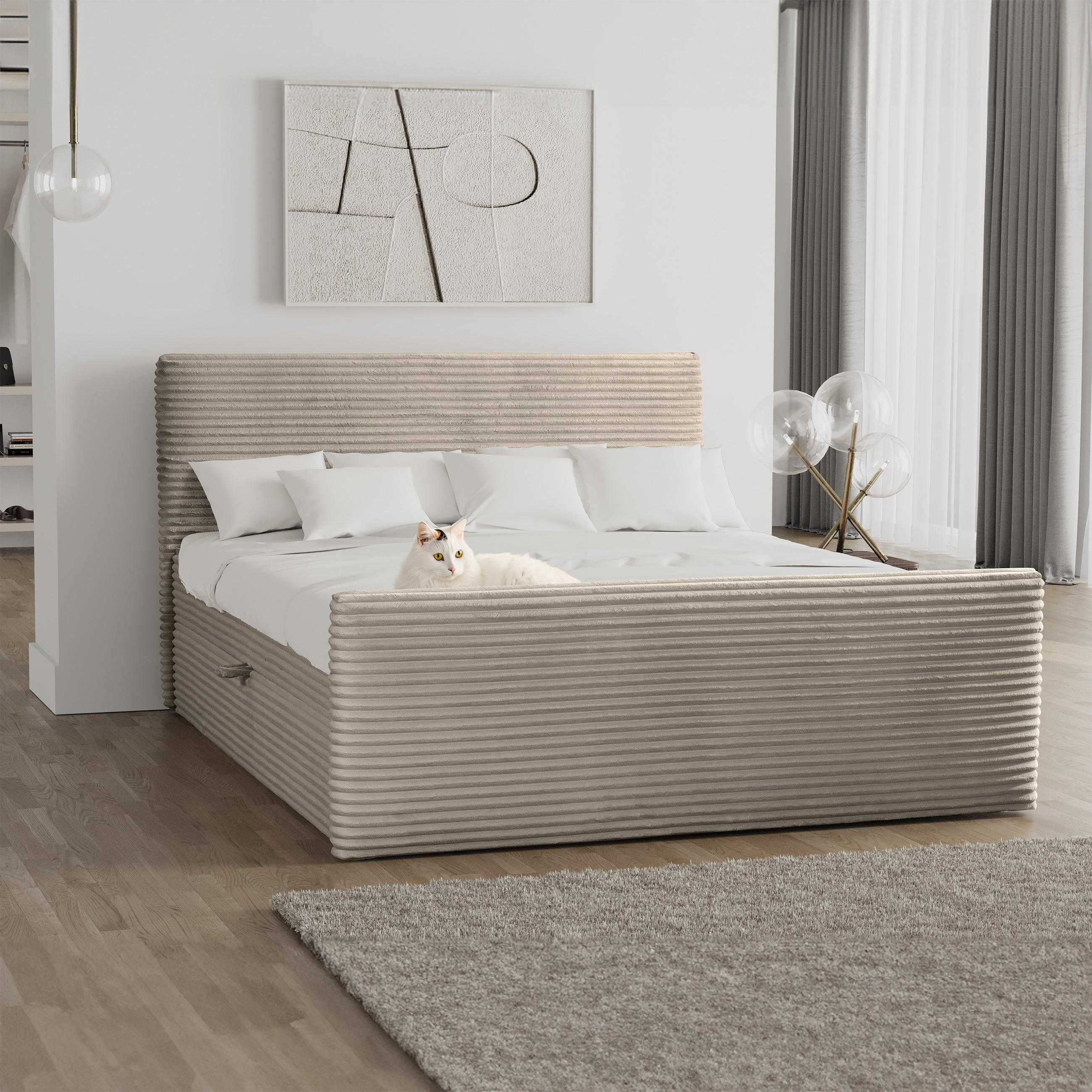 BOXBETT Mit Bettkasten Und Topper TRENTO Stoff Plüsch Cord 120x200 cm Beige H2-Pocket - Beige, Holz/Textil (120/200cm) - Kaiser Möbel