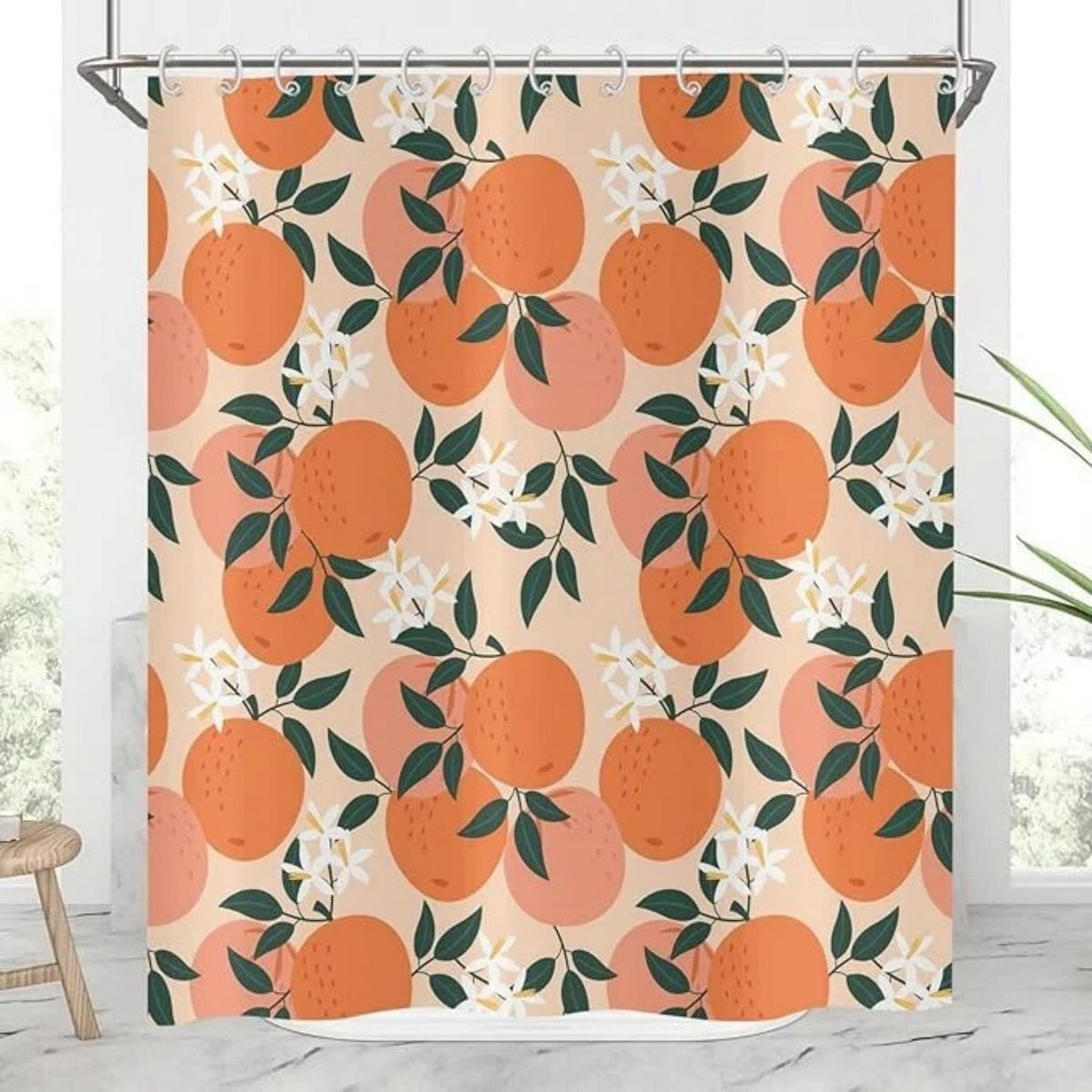 DUSCHVORHANG Orange Rosa Grün Blätter Blumen Aquarell wasserdicht mit Haken - Orange, Textil (180/180cm) - MCBOSON