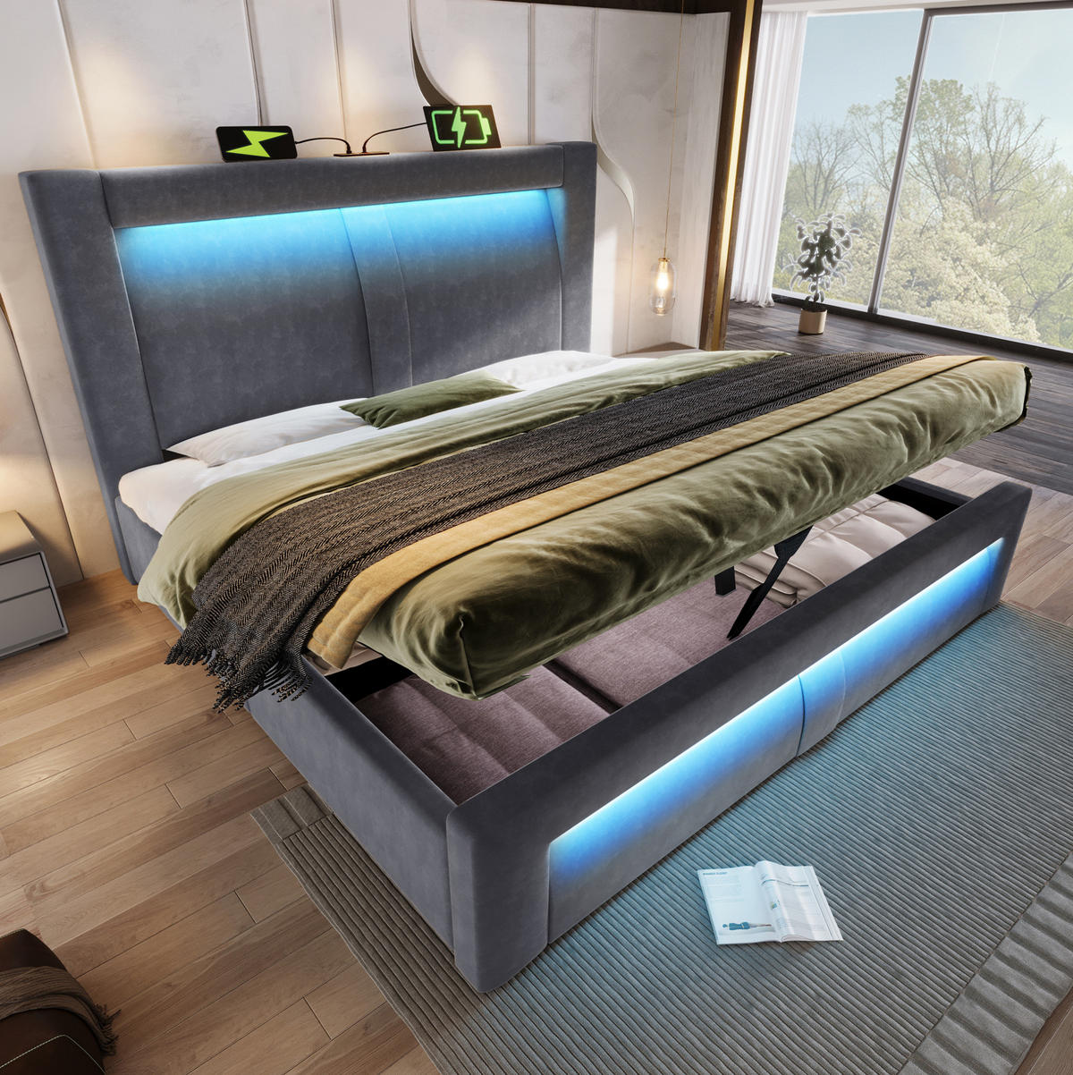 POLSTERBETT 160/200 cm Grau aus Samt mit Stauraum und LED - Grau, Textil (160/200cm) - OKWISH