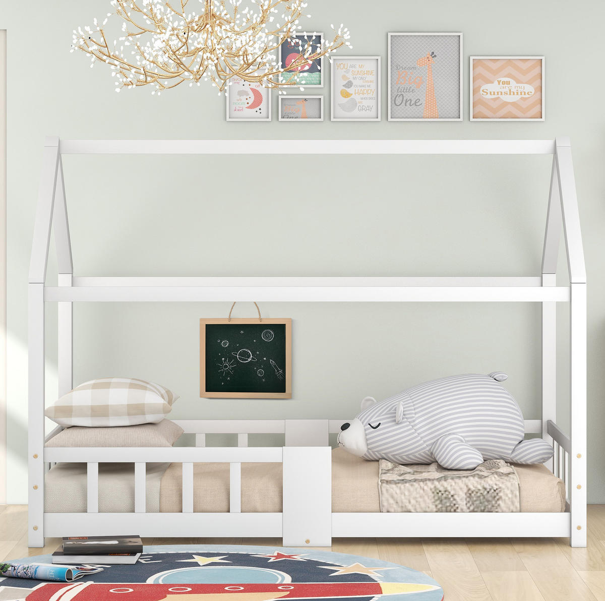 HAUSBETT 90/200 cm aus Kiefernholz mit Tafel und Rausfallschutz - Weiß, Holz (90/200cm) - OKWISH