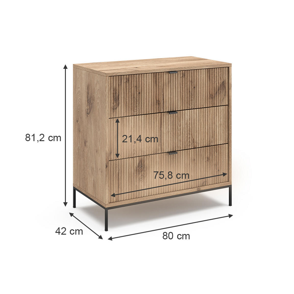 KOMMODE Eliza Viking Oak 80 x 81.2 cm mit 3 Schubladen - Eiche Wotan, Holzwerkstoff (42/81.2/80cm) - Vicco