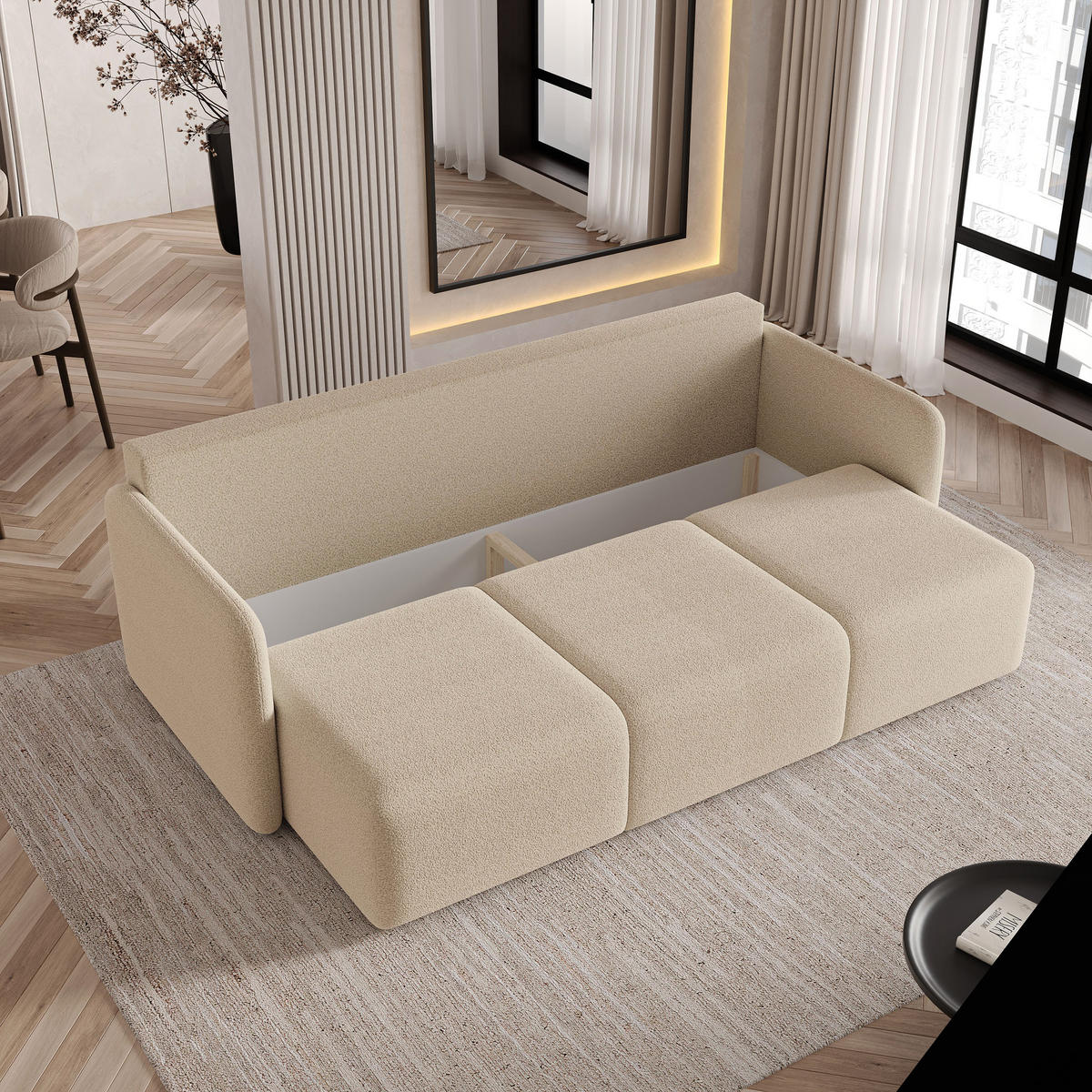 BETTSOFA SUVI III Q Beige Bucle-Stoff mit Schlaffunktion - Beige, Textil (220/85/90cm) - MASSENO