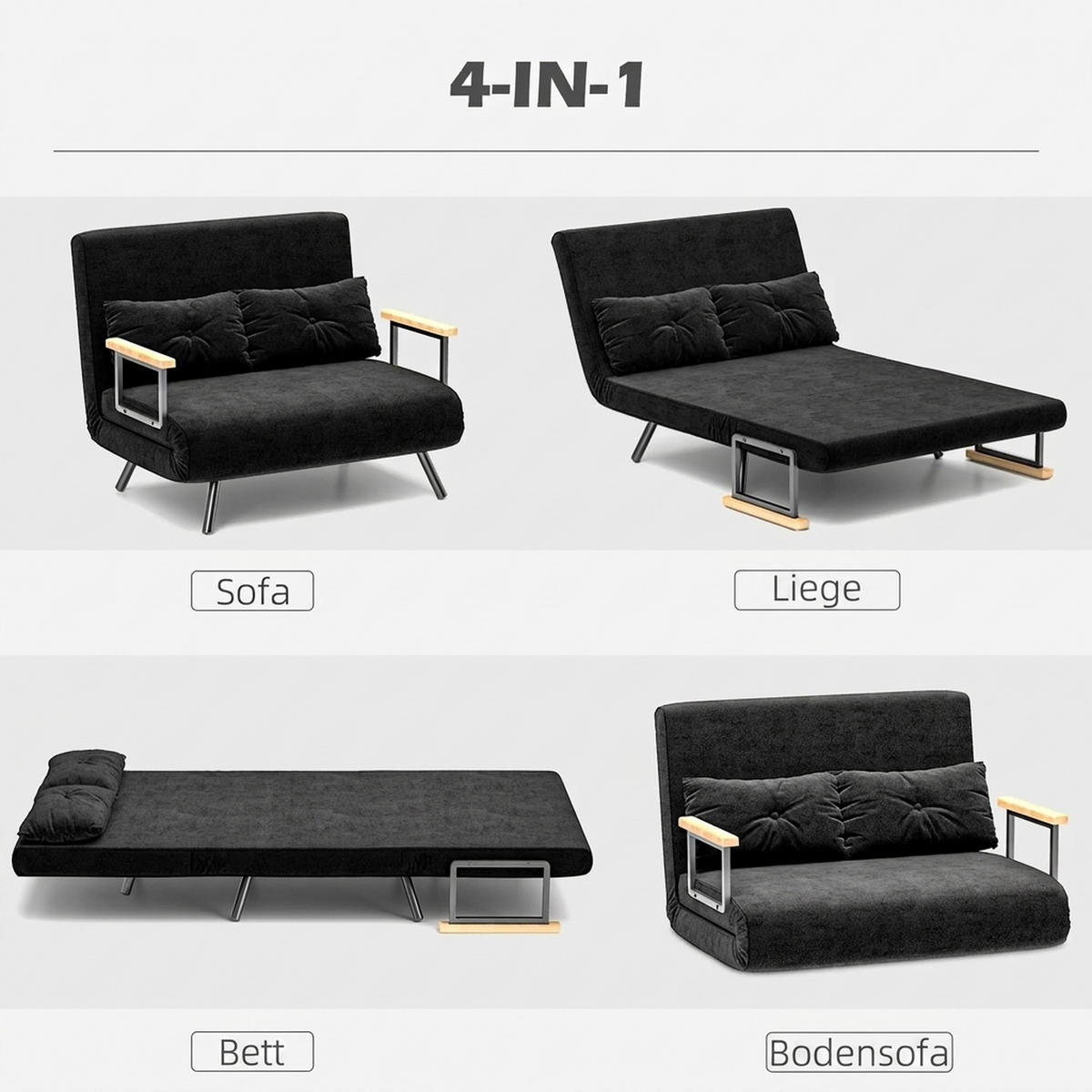 SCHLAFSOFA, Zweisitzer mit Bettfunktion, Schlafcouch mit Samtoptik, Rückenkissen - Schwarz/Naturfarben, Holz/Textil (73/81/102cm) - HOMCOM