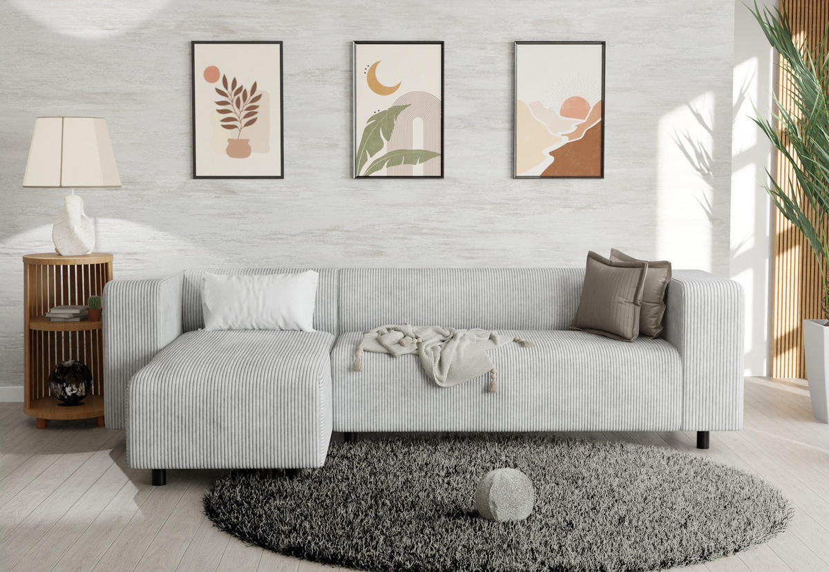 ECKSOFA Tove Hellgrau Cord - Ottomane links - Hellgrau/Schwarz, Holz/Kunststoff (240/142cm) - S-Style Möbel