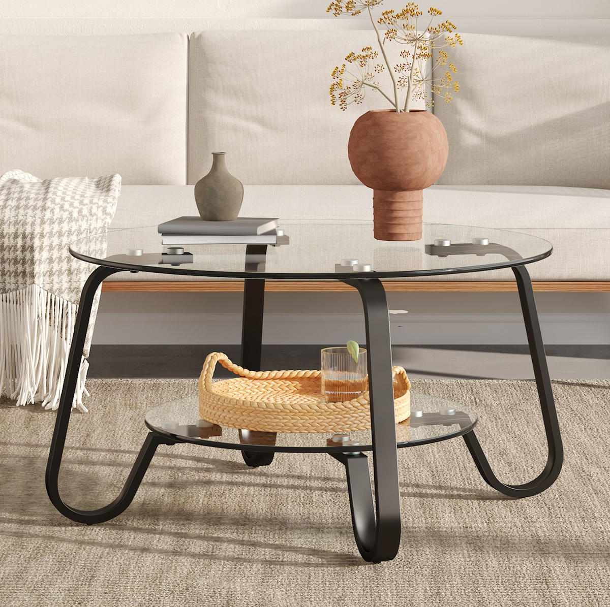 COUCHTISCH 80/80/45 cm schwarz aus Metall mit 2 Ebenen Sicherheitsglas - Schwarz, Metall (80/80/45cm) - OKWISH