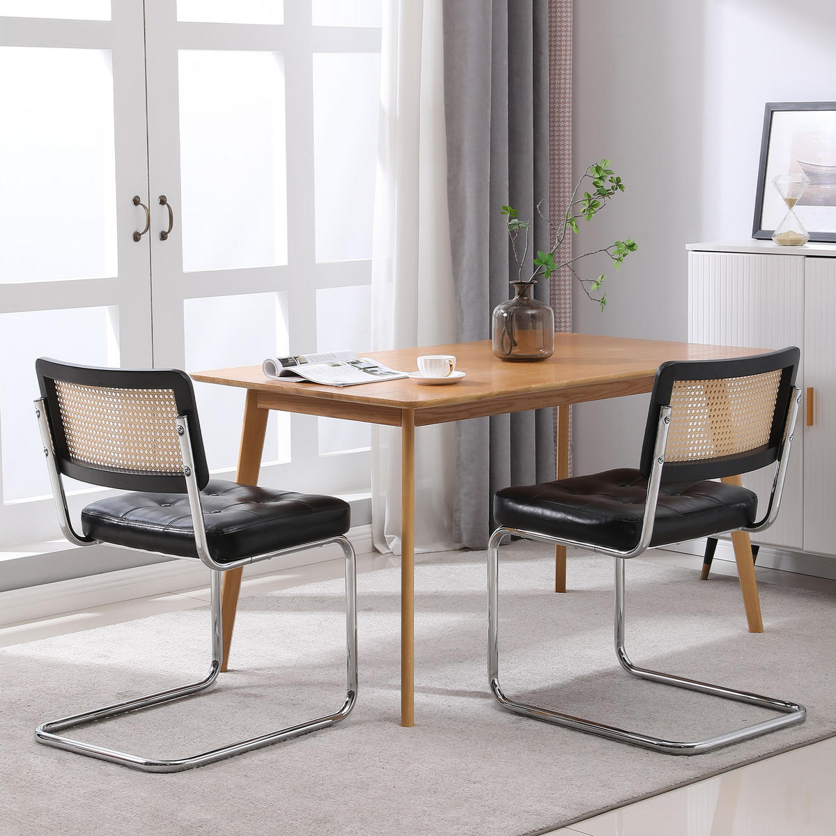ESSZIMMERSTUHL 2er-Set mit Rattanlehne und PU-Polster, Schwarz - Schwarz, Kunststoff (50/85/61cm)
